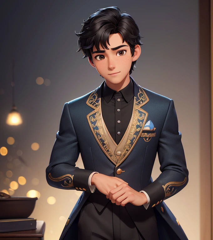 Handsome 15 year old boy, (adolescente adulto), Solo, sonrisa alegre, mirando al espectador, traje azul oscuro estilo gotico de principe de disney, fondo limpio azul, parte superior del cuerpo, (pelo negro liso), borroso, (cabello corto), ojos marron oscuro, en un castillo medieval, cielo azulado