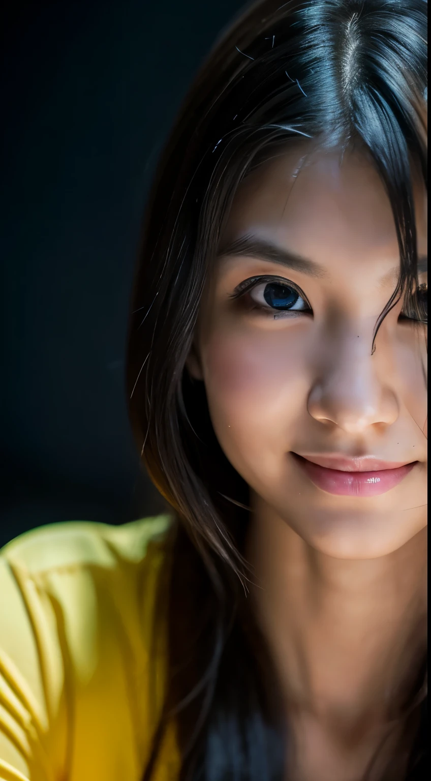 highest quality, epic realistic, ((in the pitch black darkness :1.4)), ((portrait:1.5)),(background: dark ) high contrast ,glorious picture, lowest lux, lighting face, she's comfortable, wearing nothing, looks incredible, (8k, Raw photo, Highest quality),(epic realistic:1.5), a woman, face,(detailed eyes:0.8),(looking at the camera:1.4), (Highest quality), ( high contrast, deep shadows),Intricate details,cinematic,((skin:1.4)), (long dark hair:1.3), long hair, messy ,(Hdr:1.5),Detailed, colors, Superior quality, Masterpiece, Raw Photo (20-year-old, looking at viewer), beautiful, (wearing plain yellow shirt,), perfect, natural, perfect composition, portrait, perfect face, smiling expression, Captivating eyes, Bright details, Tight lips, (High Skin Detail),, (blue tint: 0.6), (sale: 0.8), (bloody: 0.7), Key lighting , (backlight: 0.5), Medium depth of field, Canon 5d, 50mm lens, f/4 apertures, (Ultra-detailed, Complex detail), sharp focus, soft colors, 8k, Absurd, 80mm, dark background, photography, smiling,medium ,