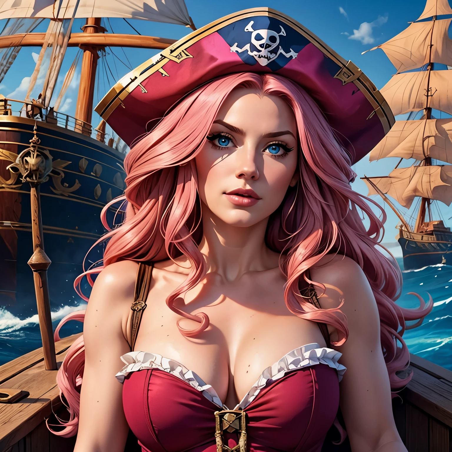 a woman, long pink hair, curly hair, scabies on the face, blue eyes, dress, on a pirate ship, Boa Hancock, best quality, masterpiece.