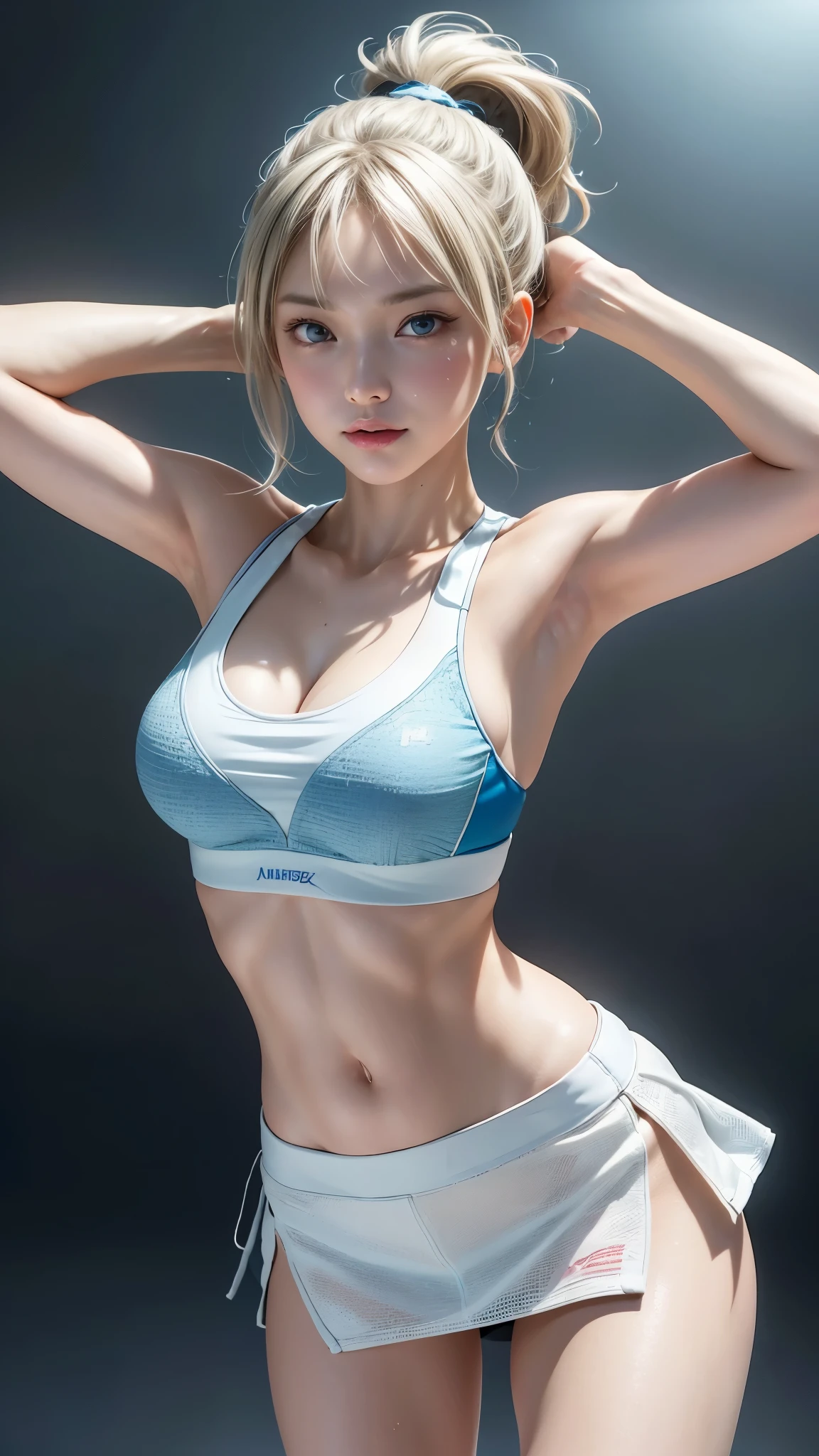 ((highest quality)), ((masterpiece)), (detailed:1.4), 。.。.。.3D, Image of a beautiful woman in a sports bra and miniskirt,nffsw(high dynamic range),ray tracing,NVIDIA RTX,super resolution,unreal 5,Scattered beneath the surface,PBR texturing,post processing,anisotropic filtering,Depth of bounds written,maximum clarity and sharpness,multilayer texture,Albedo and specular maps,surface shading,Accurate simulation of light-matter interactions,perfect proportions,octane rendering,two-tone lighting,wide aperture,Low ISO、White balance、Rule of thirds、8K students、((Englishman))(((White sports bra,Blue miniskirt)))(((blonde)))