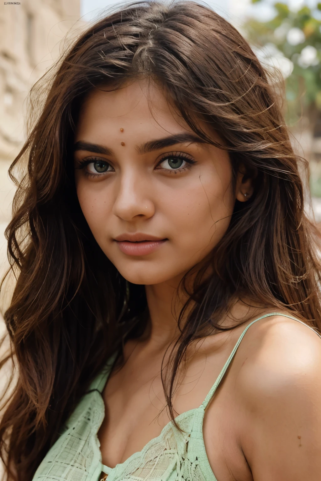 close up photo of a 21 years stunning beautiful hyderabad girl withgreen eyes like a cover photo of a magazine with long messy windy hair