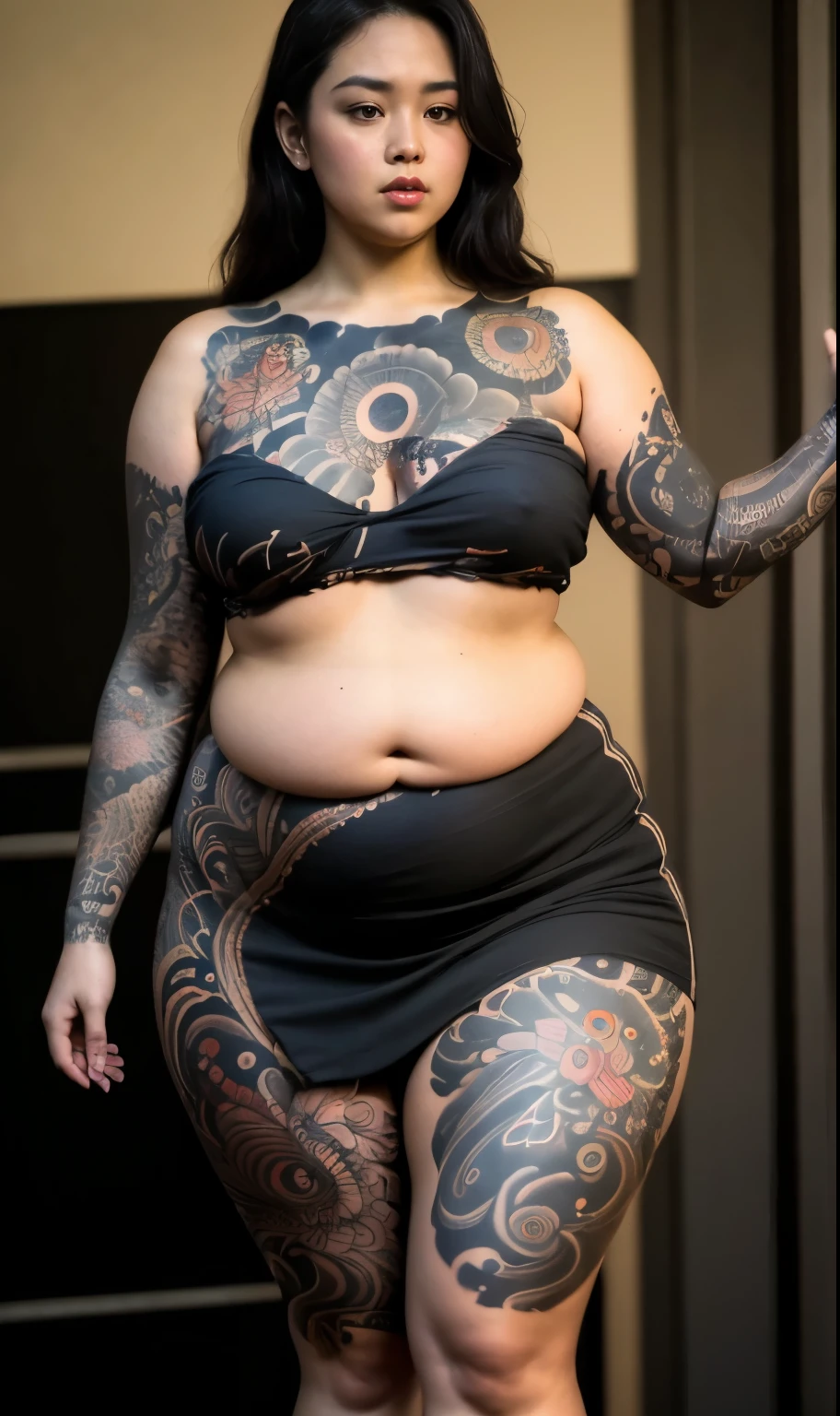 ((best quality)), ((masterpiece)), (detailed), perfect face, araffe woman in a dark-blue shirt and blue denim skirt walking down a street, thicc, she has a jiggly fat round belly, chan, wearing tight simple clothes, skinny waist and thick hips, widest hips, her belly is fat and round, soft curvy shape, hyperrealistic full figure, wearing a cute top, wide hips, cropped shoulders,fat belly,(big ass.7),show legs,, thicc, beautiful thick female, beautiful curvy female,, Tall and tall,clear curvy details, curvy hourglass figure, alluring plus sized model, bbwchaVoluptious body, Curvy model, Curvy body, Be red in the face, 1girll, a matural female, A MILF, theden ratio,(Kpop idol),(Oil skin:1.2),(Oil skin:1.1), iremuzi tattoos on thighs, big tattoo on thighs