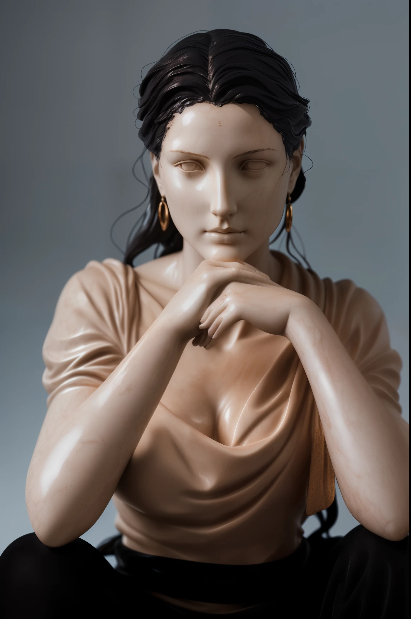 (woman sculpture,marble statue:1.1,hyperrealistic,(dramatic, intense) light,intricately detailed features,(concept art,artistic interpretation),(highres:1.2,best quality,ultra-detailed),realistic colors,soft shadows)