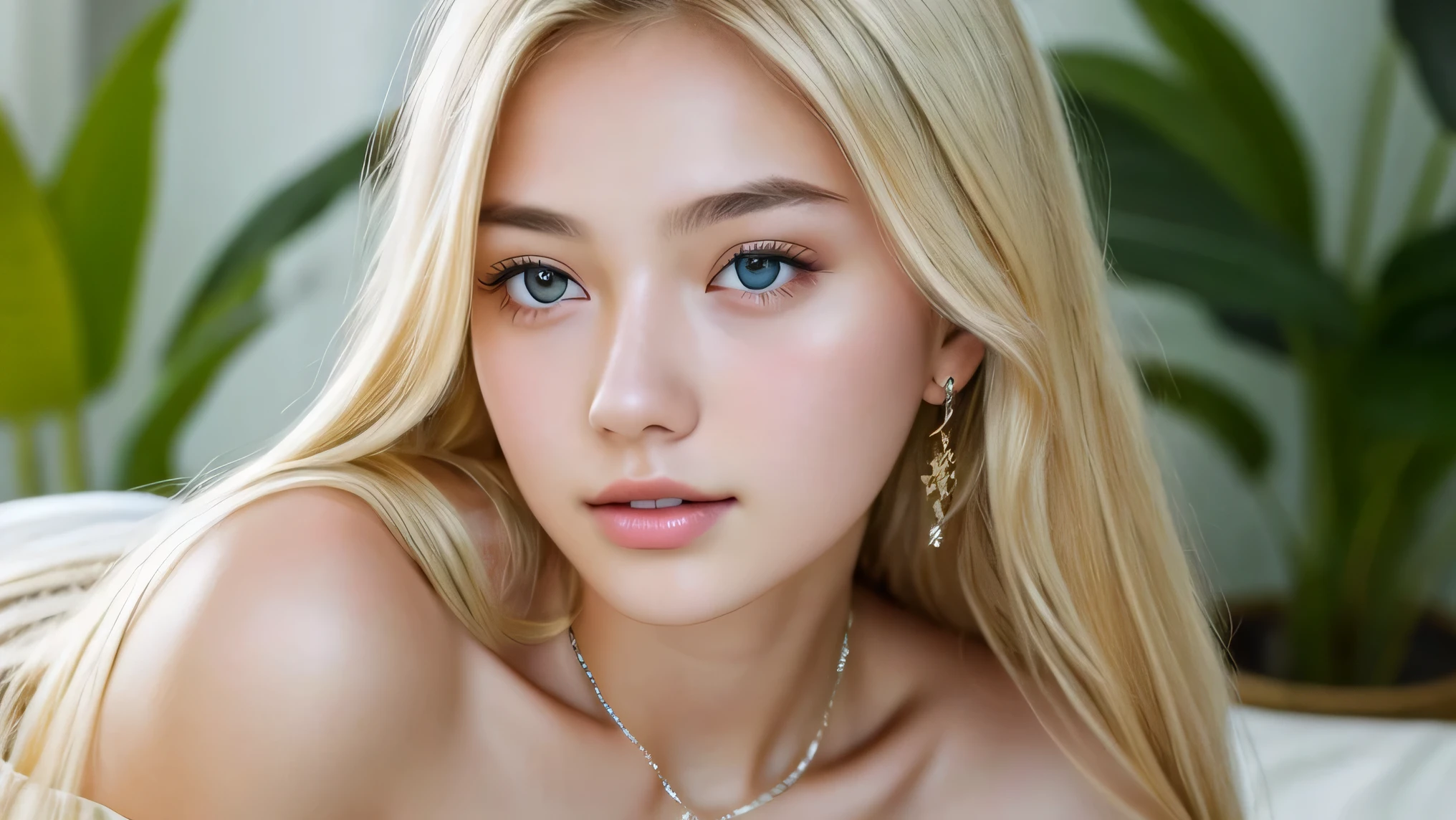 1 girl, 19 years old, alone, long hair, big breasts, looking at the viewer, blonde, bare shoulders, brown eyes, gem, whole body, necklace, off shoulder, realistic, sexy and delicate、8K、High resolution、best image quality、resort、Lie down and look up、