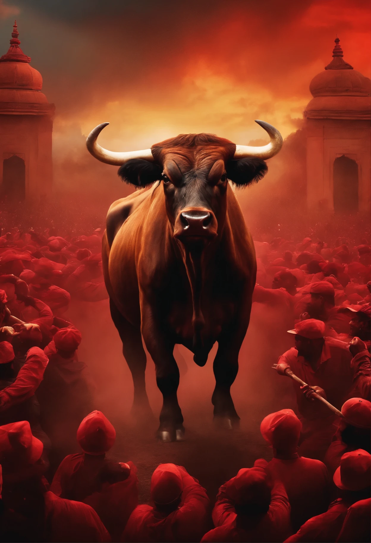 a bull, protecting the poor, ready to fight, in the middle of a crowd of evil people, red sky background,