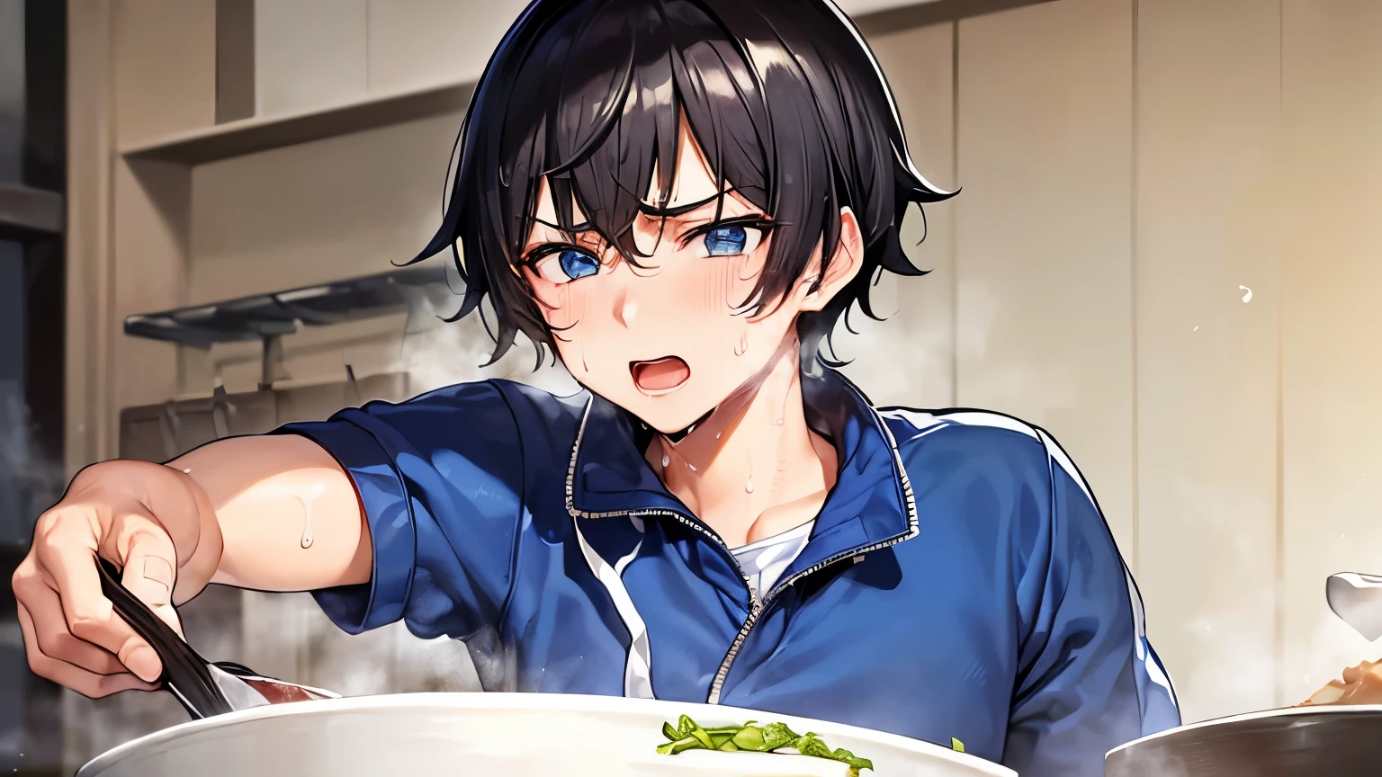 highest quality、masterpiece、(((a 20-year-old boy)))、(((Cooking in the kitchen)))、((black hair、short haired))、(((light blue eyes))),((upper body ))、(((((sweat suit)))))、(((looks fun))), anime、animecg、