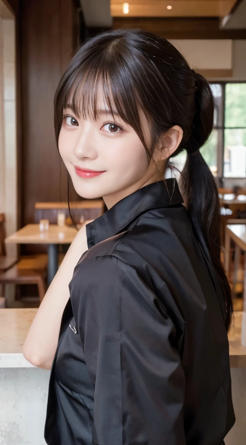 (highest quality,masterpiece:1.3,Super high resolution,),(super detailed,caustics),(Photoreal:1.4,RAW shooting,)ultra-realistic capture,very detailed,High resolution 16K human skin close-up。 Natural skin texture、,The pores are、、Must be detailed enough to be easily identified。 Skin should look even-toned and healthy。 Use natural light and color,restaurant,Waitress Uniform,1 girl,Japanese,18-year-old,cute,black haired,ponytail,big breasts,smile,turn the body forward,(Front view:1.1),look at the camera,cowboy shot,