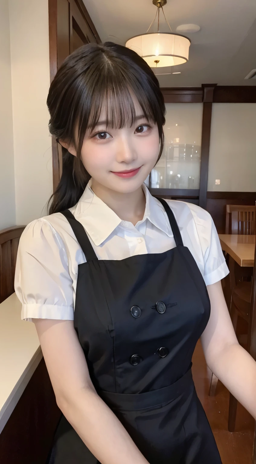 (highest quality,masterpiece:1.3,Super high resolution,),(super detailed,caustics),(Photoreal:1.4,RAW shooting,)ultra-realistic capture,very detailed,High resolution 16K human skin close-up。 Natural skin texture、,The pores are、、Must be detailed enough to be easily identified。 Skin should look even-toned and healthy。 Use natural light and color,restaurant,Waitress Uniform,1 girl,Japanese,18-year-old,cute,black haired,ponytail,big breasts,smile,turn the body forward,(Front view:1.1),look at the camera,cowboy shot,