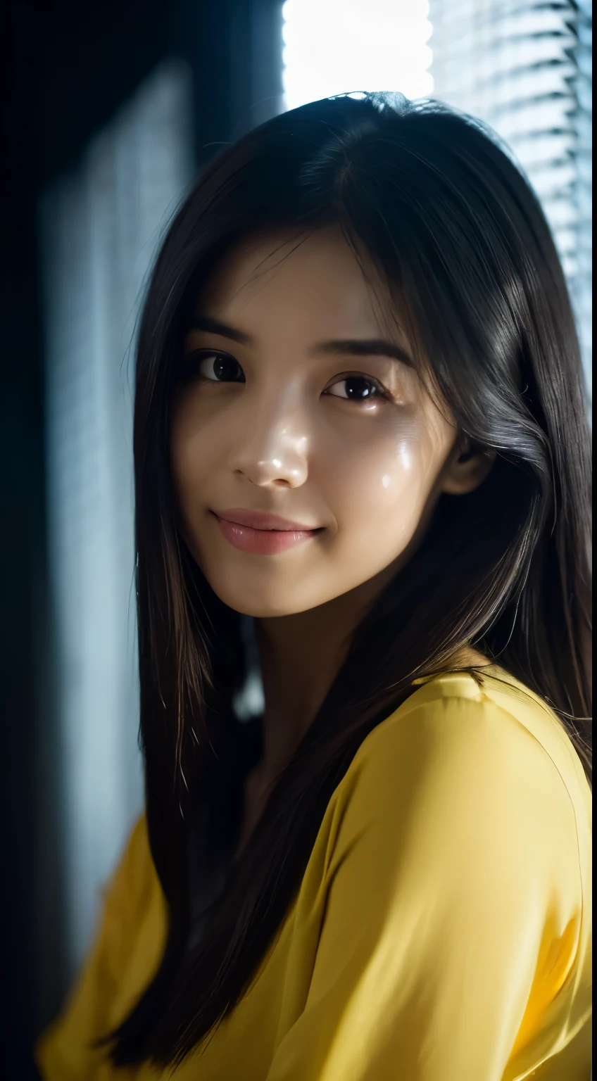 highest quality, epic realistic, ((in the pitch black darkness :1.4)), ((portrait:1.5)),(background: dark ) high contrast ,glorious picture, lowest lux, lighting face, she's comfortable, wearing nothing, looks incredible, (8k, Raw photo, Highest quality),(epic realistic:1.5), a woman, face,(detailed eyes:0.8),(looking at the camera:1.4), (Highest quality), ( high contrast, deep shadows),Intricate details,cinematic,((skin:1.4)), (long dark hair:1.3), long hair, messy ,(Hdr:1.5),Detailed, colors, Superior quality, Masterpiece, Raw Photo (20-year-old, looking at viewer), beautiful, (wearing plain yellow shirt,), perfect, natural, perfect composition, portrait, perfect face, smiling expression, Captivating eyes, Bright details, Tight lips, (High Skin Detail),, (blue tint: 0.6), (sale: 0.8), (bloody: 0.7), Key lighting , (backlight: 0.5), Medium depth of field, Canon 5d, 50mm lens, f/4 apertures, (Ultra-detailed, Complex detail), sharp focus, soft colors, 8k, Absurd, 80mm, dark background, photography, smiling,medium ,