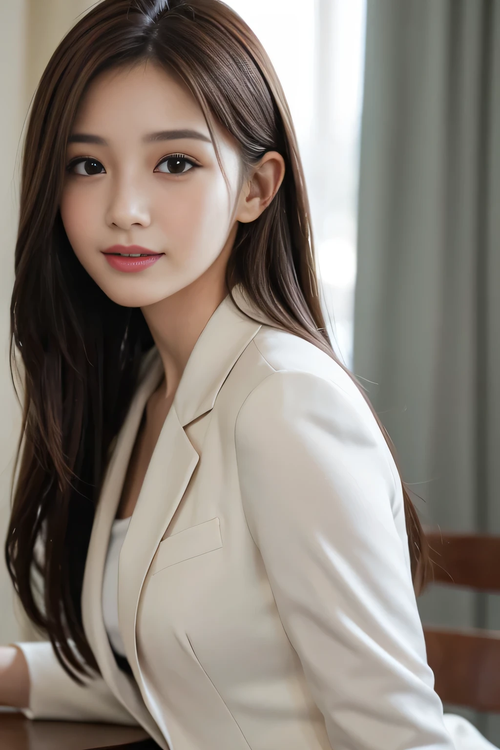 table top、highest quality、genuine、Super detailed、finely、High resolution、8k wallpaper、one beautiful woman、、、light brown disheveled hair、wearing a business suit、sharp focus、perfect dynamic composition、beautiful and detailed eyes、thin hair、詳細なgenuineな肌の質感、smile、close-up portrait、model body shape