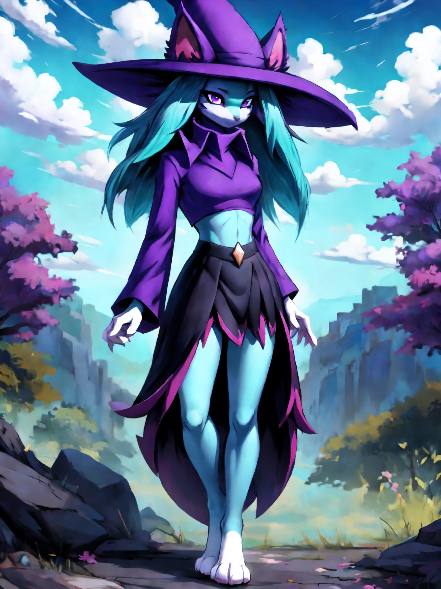 palkatress, anthro, solo, female, tall slender body, wearing purple wizards hat, spikes purple cat ears with white tips, purple eyes, purple collared crop top with long sleeves, black flowy skirt, bare legs, turquoise furry body, white feet paws, black cat nose, black cat snout, turquoise hair, standing, forest, detailed background, high collar, by black-kitten, by azoomer, by braeburned, dynamic wizard pose