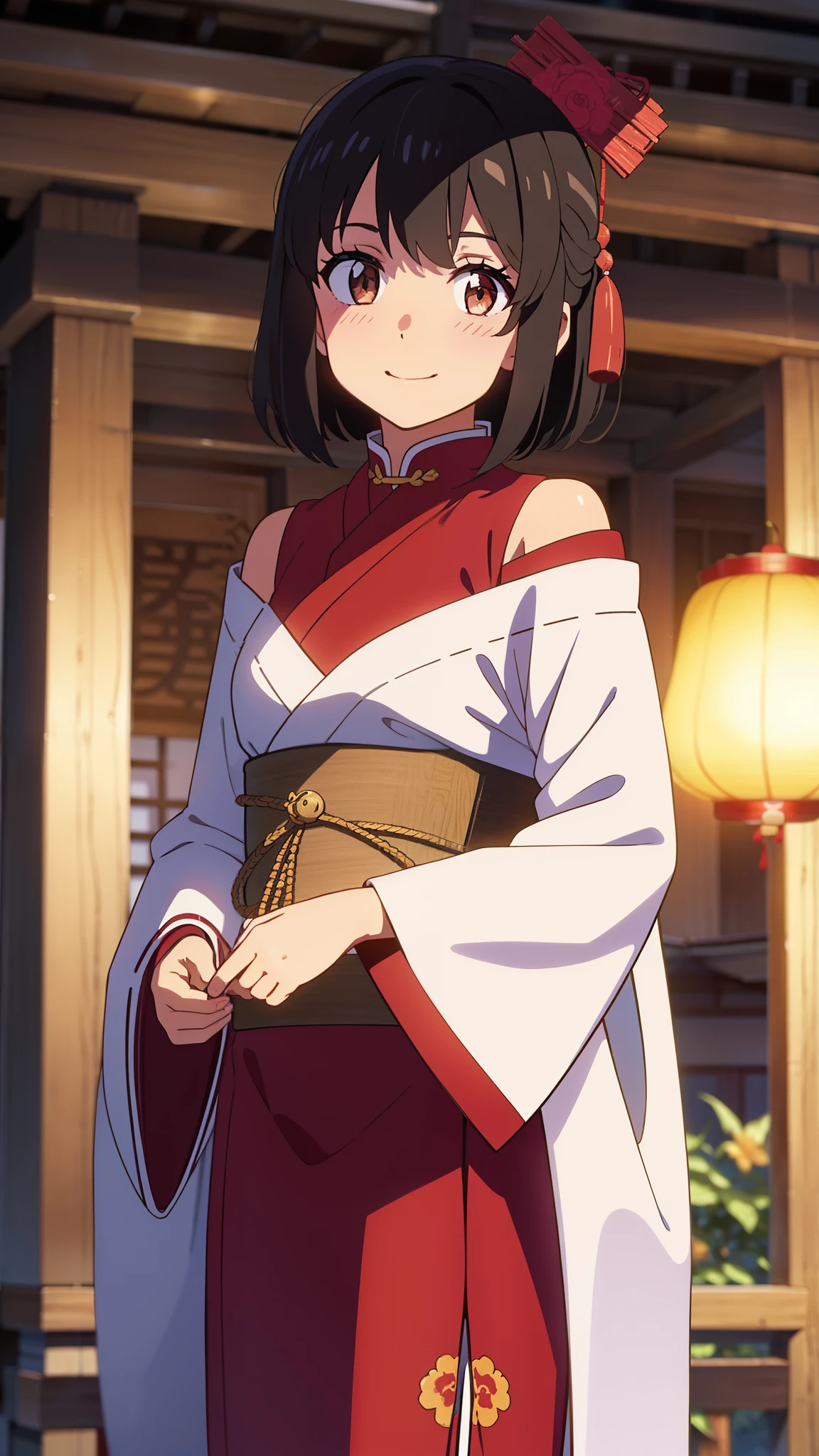 shinkai makoto, kimi no na wa., 1girl, bangs, black hair, blush, brown eyes, shiny skin, smile, cute, shrines, shrine maiden clothes, Off-the-shoulder, looking at the viewer, short hair, solo, chinese-style, chinese buildings, spring flower, red lanterns, lunar new year, indoors, upper body, cowboy shot