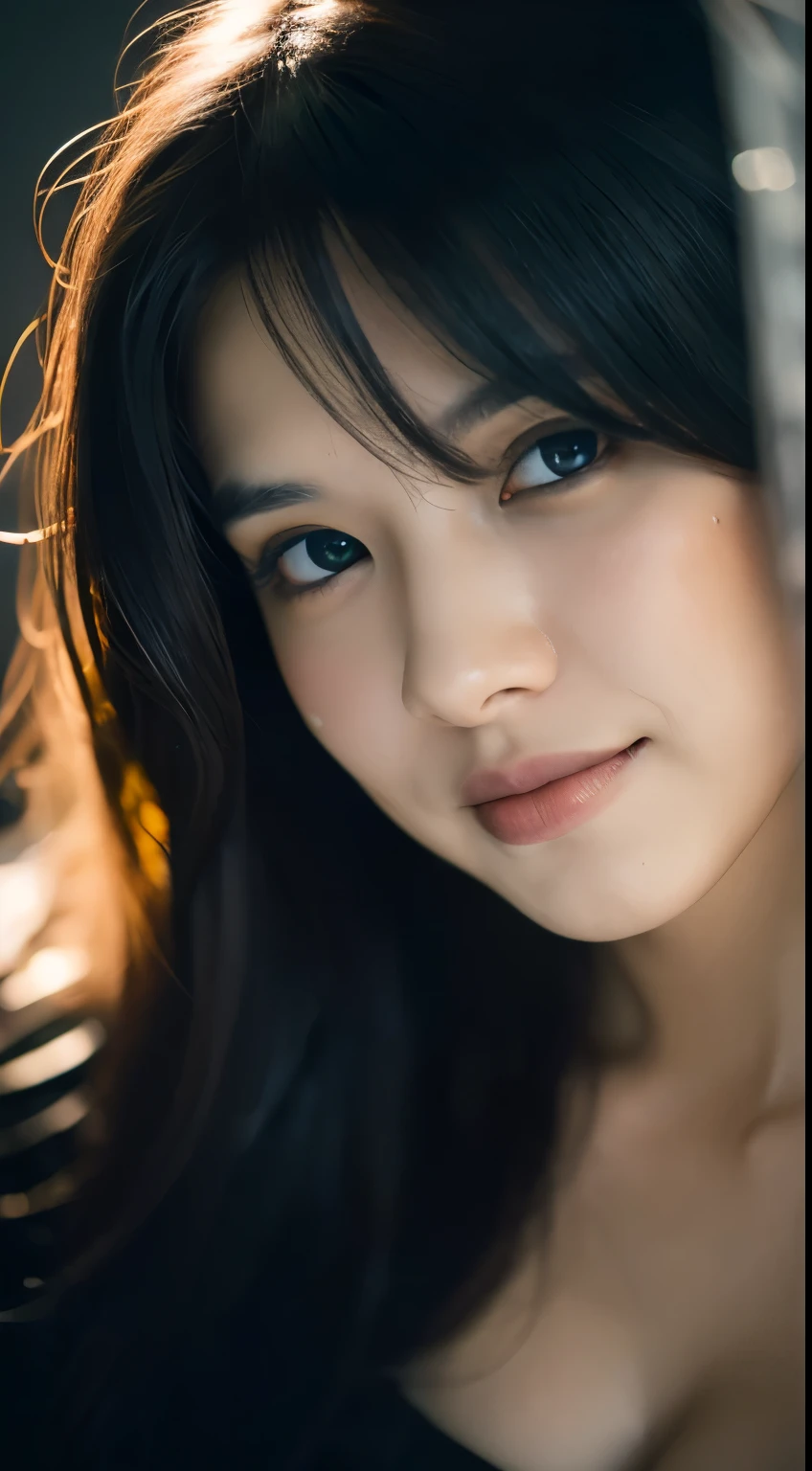 highest quality, epic realistic, ((in the pitch black darkness :1.4)), ((portrait:1.5)),(background: dark ) high contrast ,glorious picture, lowest lux, lighting face, she's comfortable, wearing nothing, looks incredible, (8k, Raw photo, Highest quality),(epic realistic:1.5), a woman, face,(detailed eyes:0.8),(looking at the camera:1.4), (Highest quality), ( high contrast, deep shadows),Intricate details,cinematic,((skin:1.4)), (long dark hair:1.3), long hair, messy ,(Hdr:1.5),Detailed, colors, Superior quality, Masterpiece, Raw Photo (20-year-old, looking at viewer), beautiful, (wearing plain yellow shirt,), perfect, natural, perfect composition, portrait, perfect face, smiling expression, Captivating eyes, Bright details, Tight lips, (High Skin Detail),, (blue tint: 0.6), (sale: 0.8), (bloody: 0.7), Key lighting , (backlight: 0.5), Medium depth of field, Canon 5d, 50mm lens, f/4 apertures, (Ultra-detailed, Complex detail), sharp focus, soft colors, 8k, Absurd, 80mm, dark background, photography, smiling,medium ,