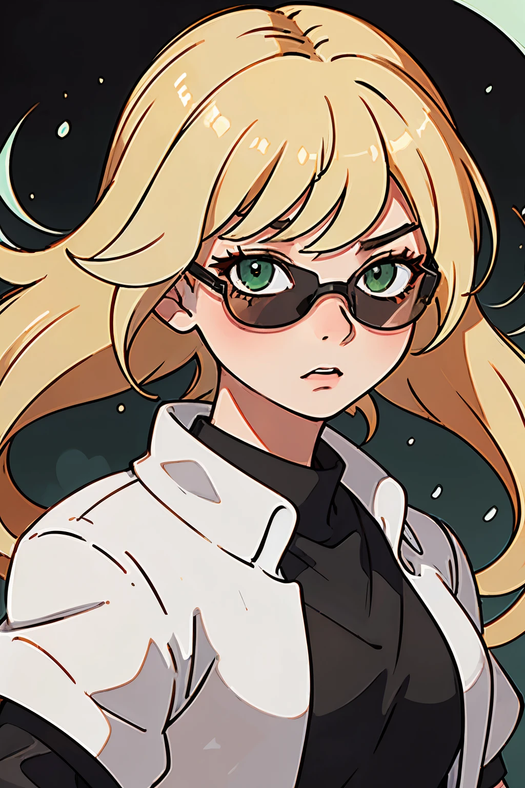 Jujutsu Sorcerer, Female, 17 years old, light green eyes, black sunglasses, blonde hair, school uniform