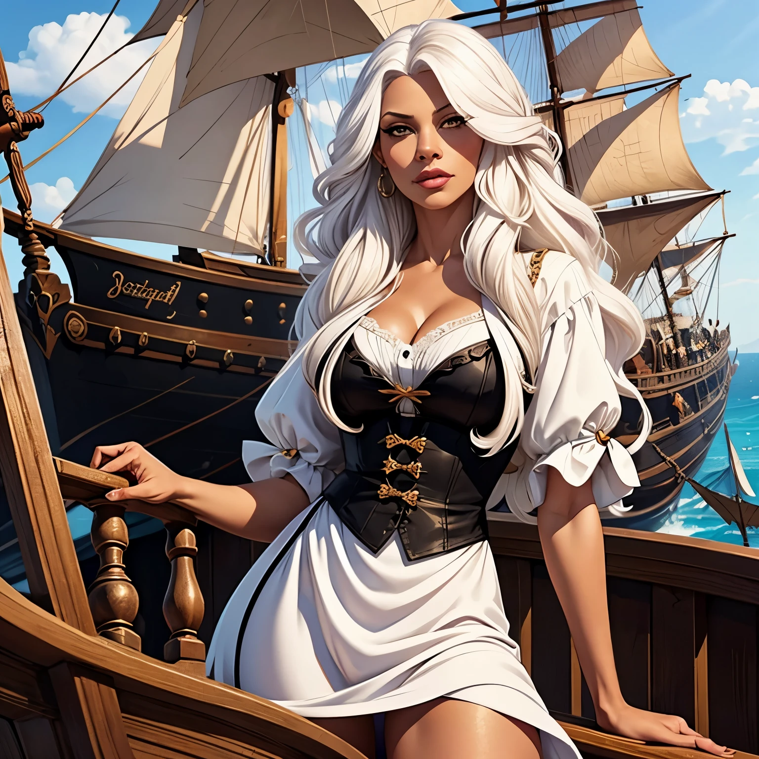 a woman, long white hair, curly hair, white eyes, a black woman, dress, on a pirate ship, Boa Hancock, best quality, masterpiece.