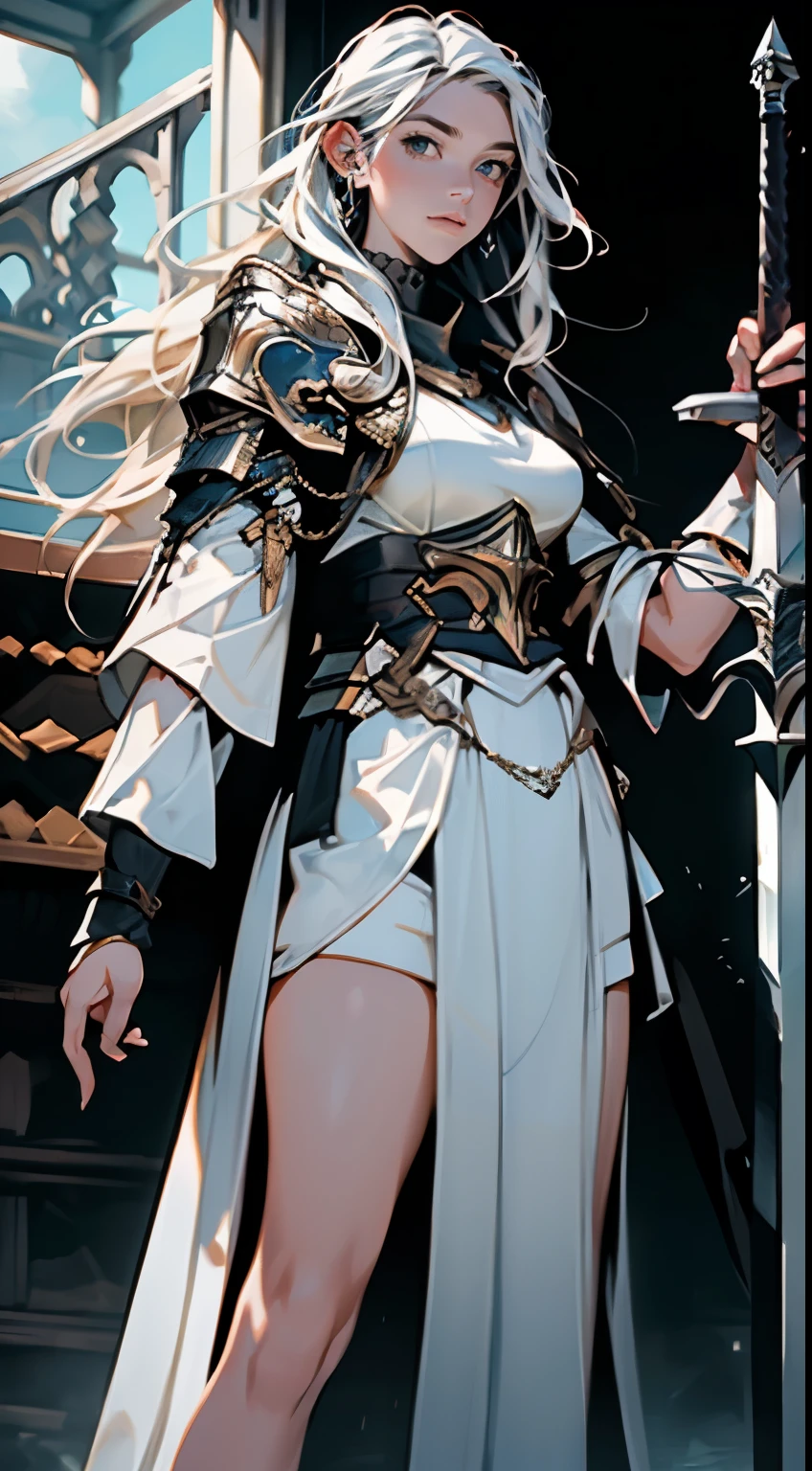 (RAW Photo, Best Quality), (Realistic, Photorealistic Photo: 1.3), Best Quality, (Highly Detailed), (Masterpiece), (Ultra Detailed)), Illustration, 1 Girl, (Beautiful Eyes), upper_body, Dynamic Angle, World Mastery Theater, (Floating Hair), Best Quality, (Extremely Detailed CG Uniform 8k Wallpaper), Ink, Amazing, Cinematic Lighting, lens_flare, ((3D)), saber, f 1.8, Paladin, Athena, Claymore, Sword,