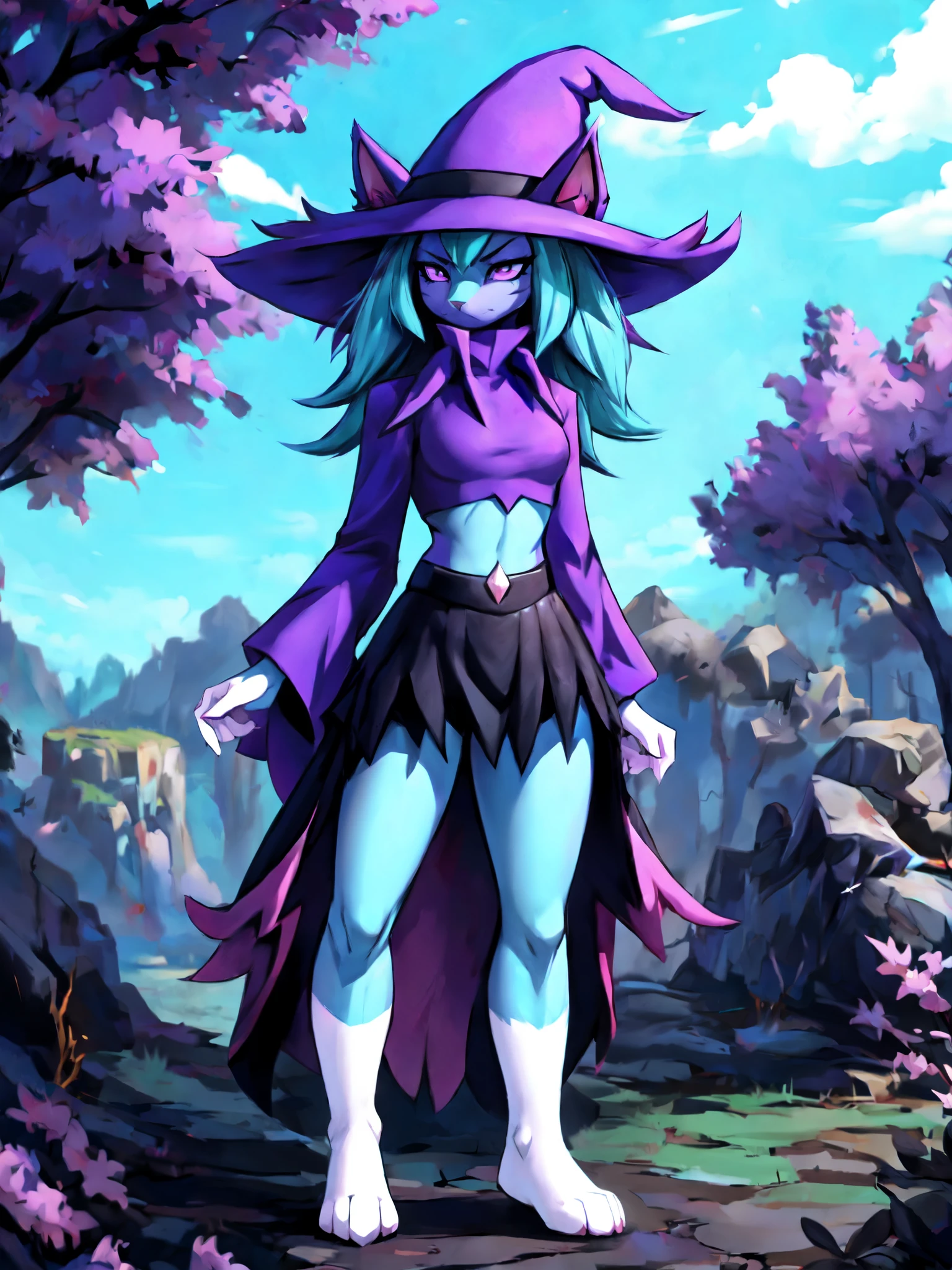 palkatress, anthro, solo, female, tall slender body, wearing purple wizards hat, spikes purple cat ears with white tips, purple eyes, purple collared crop top with long sleeves, black flowy skirt, bare legs, turquoise furry body, white feet paws, black cat nose, black cat snout, turquoise hair, standing, forest, detailed background, high collar, by black-kitten, by azoomer, by braeburned, dynamic wizard pose, frowning,