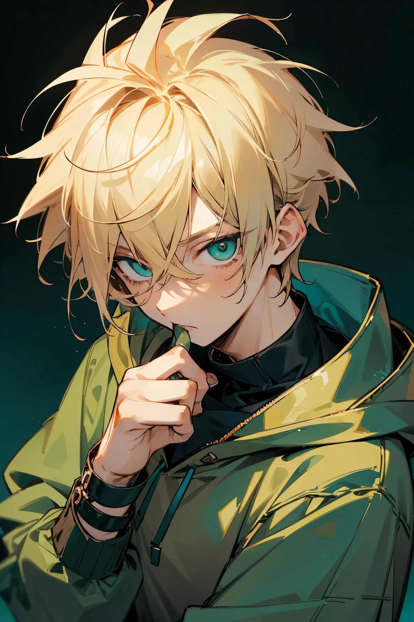 1male , Messy Blonde Hair , Spiky Hair , Short Hair, Teal Green Eyes , Black Wristbands ,Brown Gucci hoodie