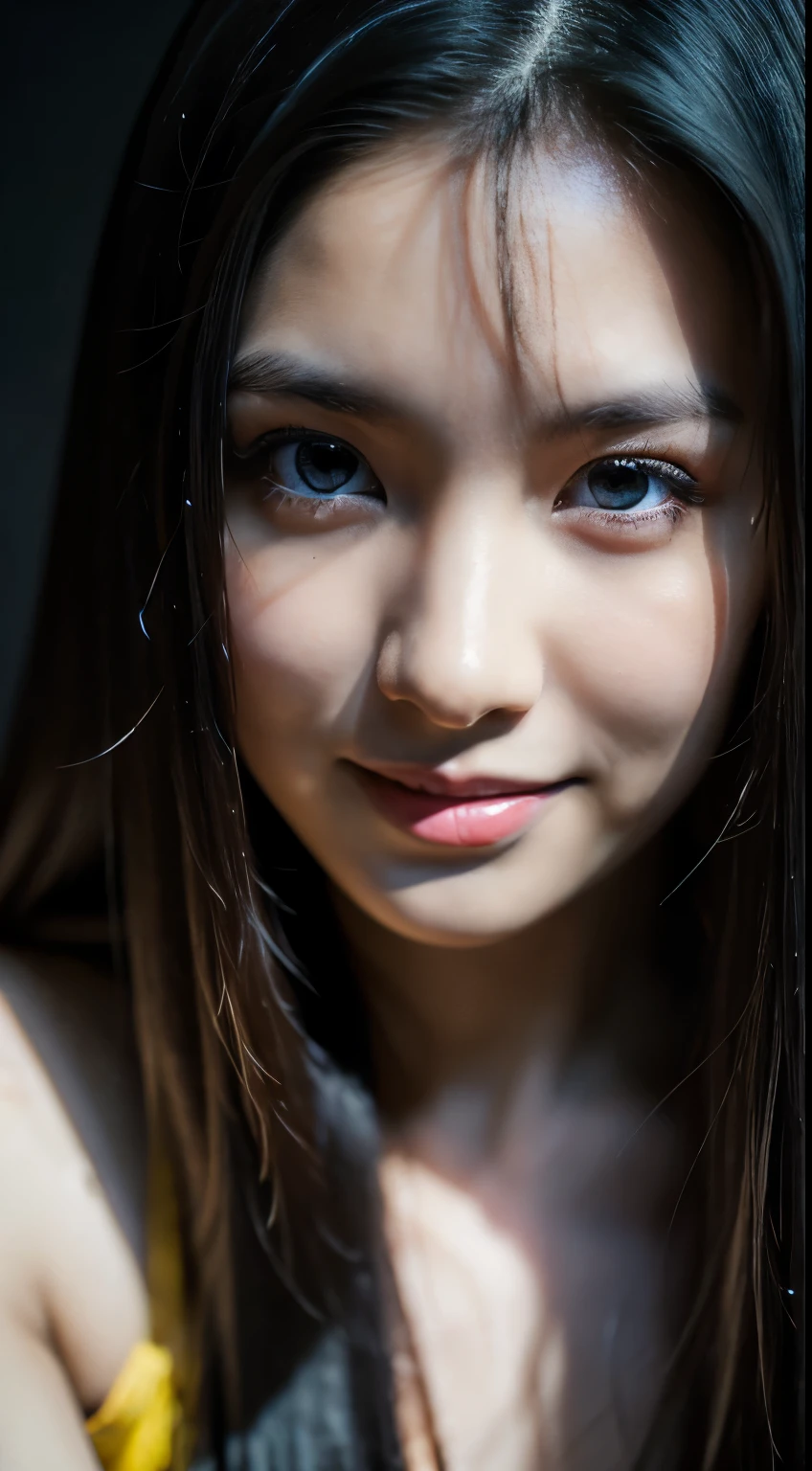 highest quality, epic realistic, ((in the pitch black darkness :1.4)), ((portrait:1.5)),(background: dark ) high contrast ,glorious picture, lowest lux, lighting face, she's comfortable, wearing nothing, looks incredible, (8k, Raw photo, Highest quality),(epic realistic:1.5), a woman, face,(detailed eyes:0.8),(looking at the camera:1.4), (Highest quality), ( high contrast, deep shadows),Intricate details,cinematic,((skin:1.4)), (long dark hair:1.3), long hair, messy ,(Hdr:1.5),Detailed, colors, Superior quality, Masterpiece, Raw Photo (20-year-old, looking at viewer), beautiful, (wearing plain yellow shirt,), perfect, natural, perfect composition, portrait, perfect face, smiling expression, Captivating eyes, Bright details, Tight lips, (High Skin Detail),, (blue tint: 0.6), (sale: 0.8), (bloody: 0.7), Key lighting , (backlight: 0.5), Medium depth of field, Canon 5d, 50mm lens, f/4 apertures, (Ultra-detailed, Complex detail), sharp focus, soft colors, 8k, Absurd, 80mm, dark background, photography, smiling,medium ,