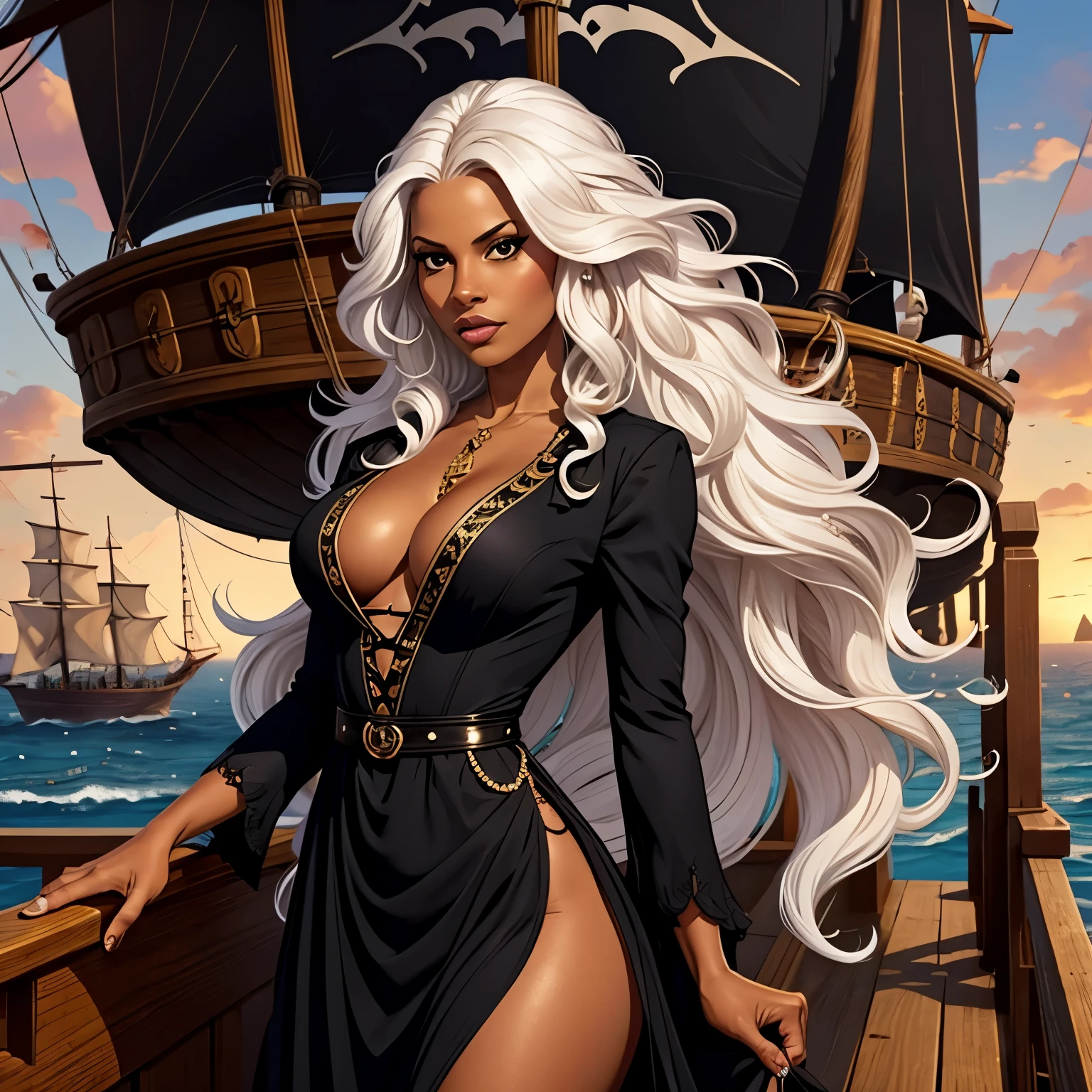 a woman, long white hair, curly hair, black eyes, a black woman, dress, on a pirate ship, Boa Hancock, best quality, masterpiece, black skin tone