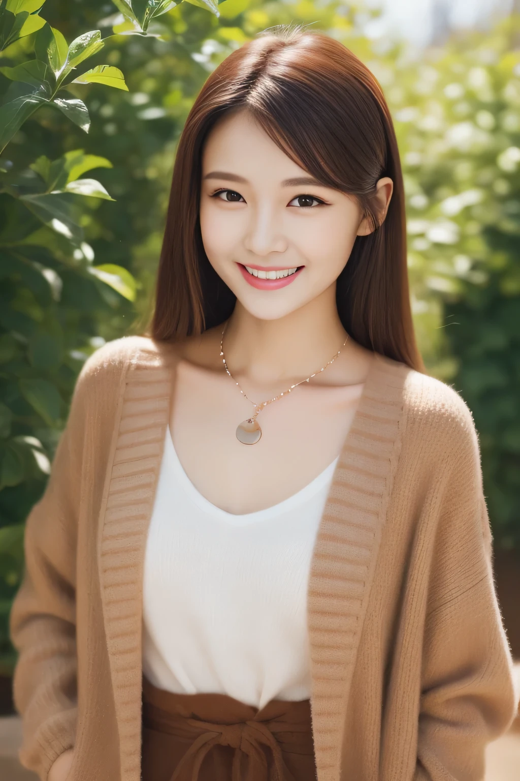 Hostess Face、Winter clothes、high quality、surreal、healthy、smile、Perfect slender figure、beauty of japan、 necklace、perfect eyes beautiful skin、Upper body、garden