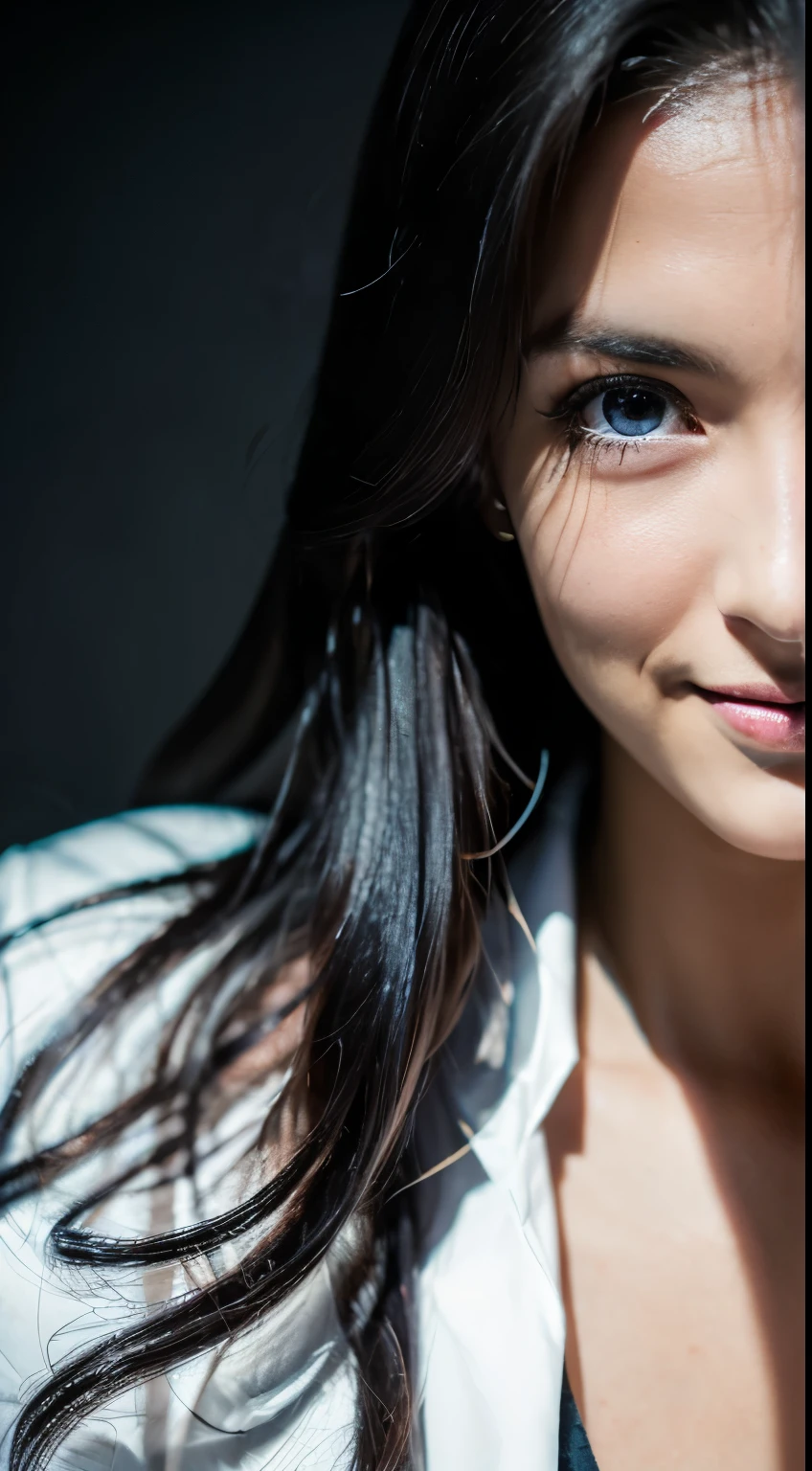 highest quality, epic realistic, ((in the pitch black darkness :1.4)), ((portrait:1.5)),(background: dark ) high contrast ,glorious picture, lowest lux, lighting face, she's comfortable, wearing nothing, looks incredible, (8k, Raw photo, Highest quality),(epic realistic:1.5), a woman, face,(detailed eyes:0.8),(looking at the camera:1.4), (Highest quality), ( high contrast, deep shadows),Intricate details,cinematic,((skin:1.4)), (long dark hair:1.3), long hair, messy ,(Hdr:1.5),Detailed, colors, Superior quality, Masterpiece, Raw Photo (20-year-old, looking at viewer), beautiful, (wearing plain yellow shirt,), perfect, natural, perfect composition, portrait, perfect face, smiling expression, Captivating eyes, Bright details, Tight lips, (High Skin Detail),, (blue tint: 0.6), (sale: 0.8), (bloody: 0.7), Key lighting , (backlight: 0.5), Medium depth of field, Canon 5d, 50mm lens, f/4 apertures, (Ultra-detailed, Complex detail), sharp focus, soft colors, 8k, Absurd, 80mm, dark background, photography, smiling,medium ,