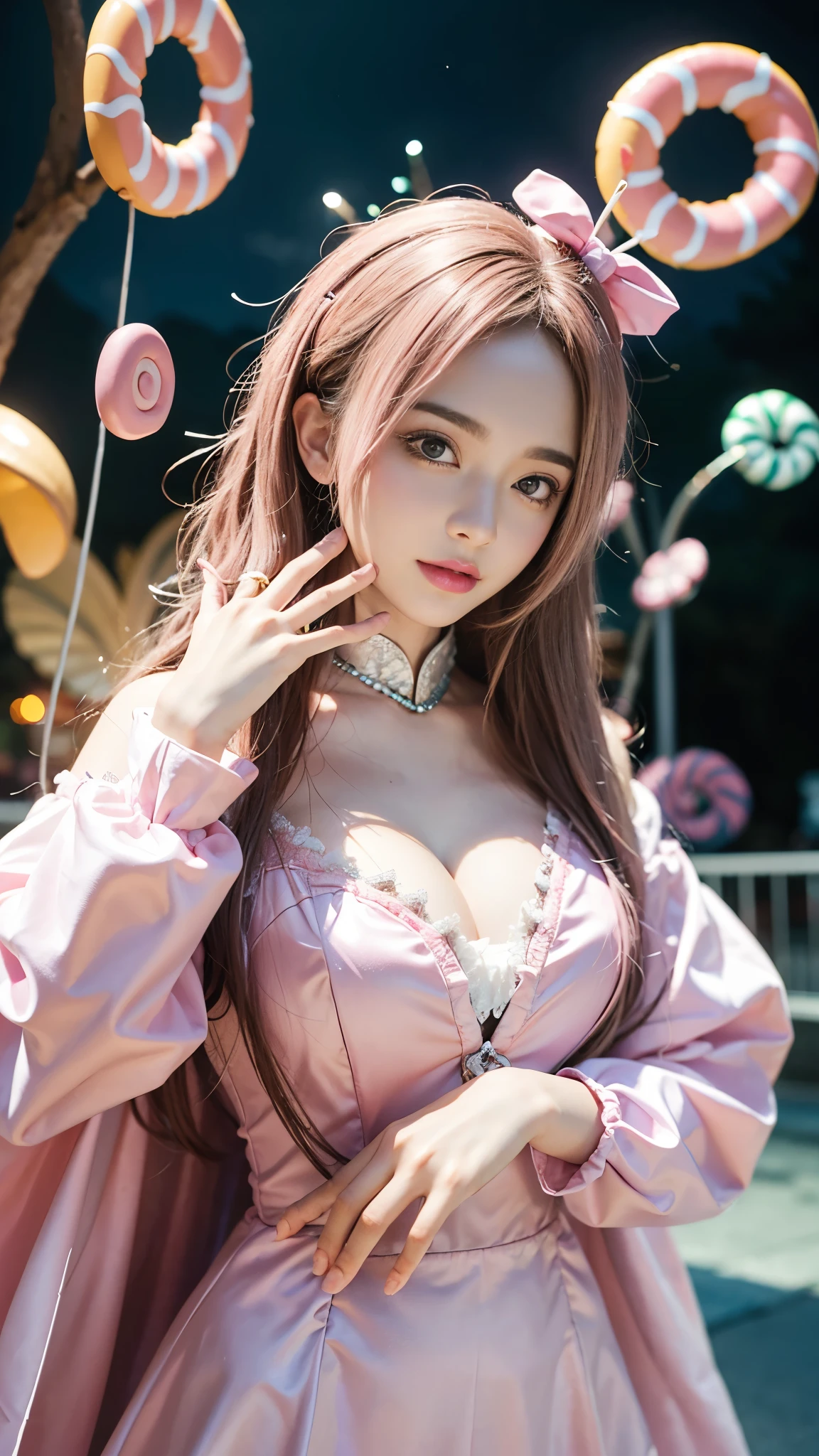 8k, ultra hd, masterpiece, 1 girl, cute face, very long hair,  detailed eyes, medium bust,  doll costume, (pink costume:1.4), (retro filters:1.4), (fantasy:1.4), (candy world Disney land:1.5), ethereal soft fluffy soft landscape background, hyper realistic Ultra quality cinematic lighting, immense detail, Full hd, 