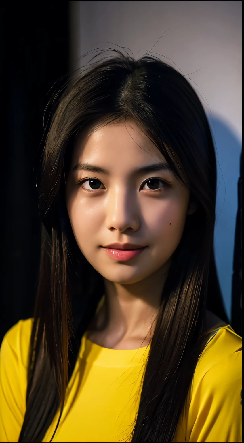 highest quality, epic realistic, ((in the pitch black darkness :1.4)), ((portrait:1.5)),(background: dark ) high contrast ,glorious picture, lowest lux, lighting face, she's comfortable, wearing nothing, looks incredible, (8k, Raw photo, Highest quality),(epic realistic:1.5), a woman, face,(detailed eyes:0.8),(looking at the camera:1.4), (Highest quality), ( high contrast, deep shadows),Intricate details,cinematic,((skin:1.4)), (long dark hair:1.3), long hair, messy ,(Hdr:1.5),Detailed, colors, Superior quality, Masterpiece, Raw Photo (20-year-old, looking at viewer), beautiful, (wearing plain yellow shirt,), perfect, natural, perfect composition, portrait, perfect face, smiling expression, Captivating eyes, Bright details, Tight lips, (High Skin Detail),, (blue tint: 0.6), (sale: 0.8), (bloody: 0.7), Key lighting , (backlight: 0.5), Medium depth of field, Canon 5d, 50mm lens, f/4 apertures, (Ultra-detailed, Complex detail), sharp focus, soft colors, 8k, Absurd, 80mm, dark background, photography, smiling,medium ,