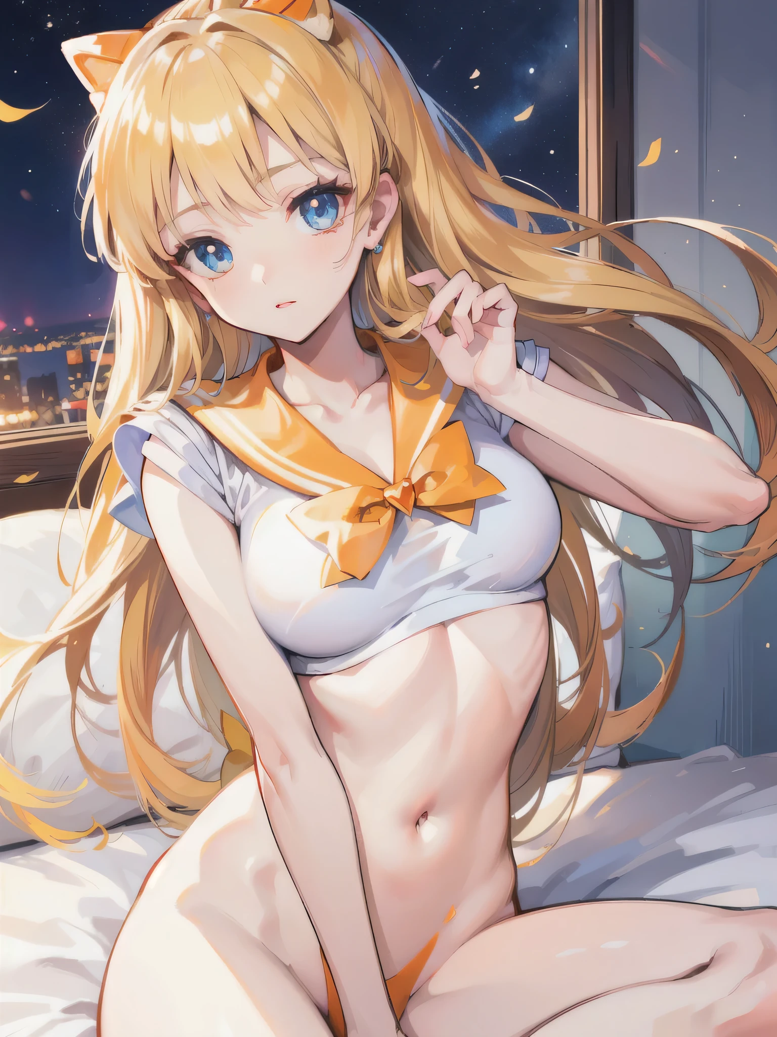 (A superb exquisite Sailor Venus), (Sailor Venus:1.5), (aino minako)、(Sailor Senshi Uniform), (red ribon), blue eyes, Yellow hair, natural straight hair, straight bangs, solo, nature, extremely delicate, straight facial features, peerless beautiful girl, soft, (sensual face), ((ecchi face)), dreamy quality, exaggerated facial features, solid color, frank holly, delicate face, bright lips, slender waist, soft curves, real light and shadow, super fine, 4k, natural moving, Ultra high resolution, (masterpiece:1.2, best quality), (finely detailed beautiful eyes: 1.2), (beautiful detailed face), sexy nude model, sexy pose, (midium chest), (Perfect Body Proportions), (bedroom), Mekosuji, Spread your legs a little and show off your crotch,