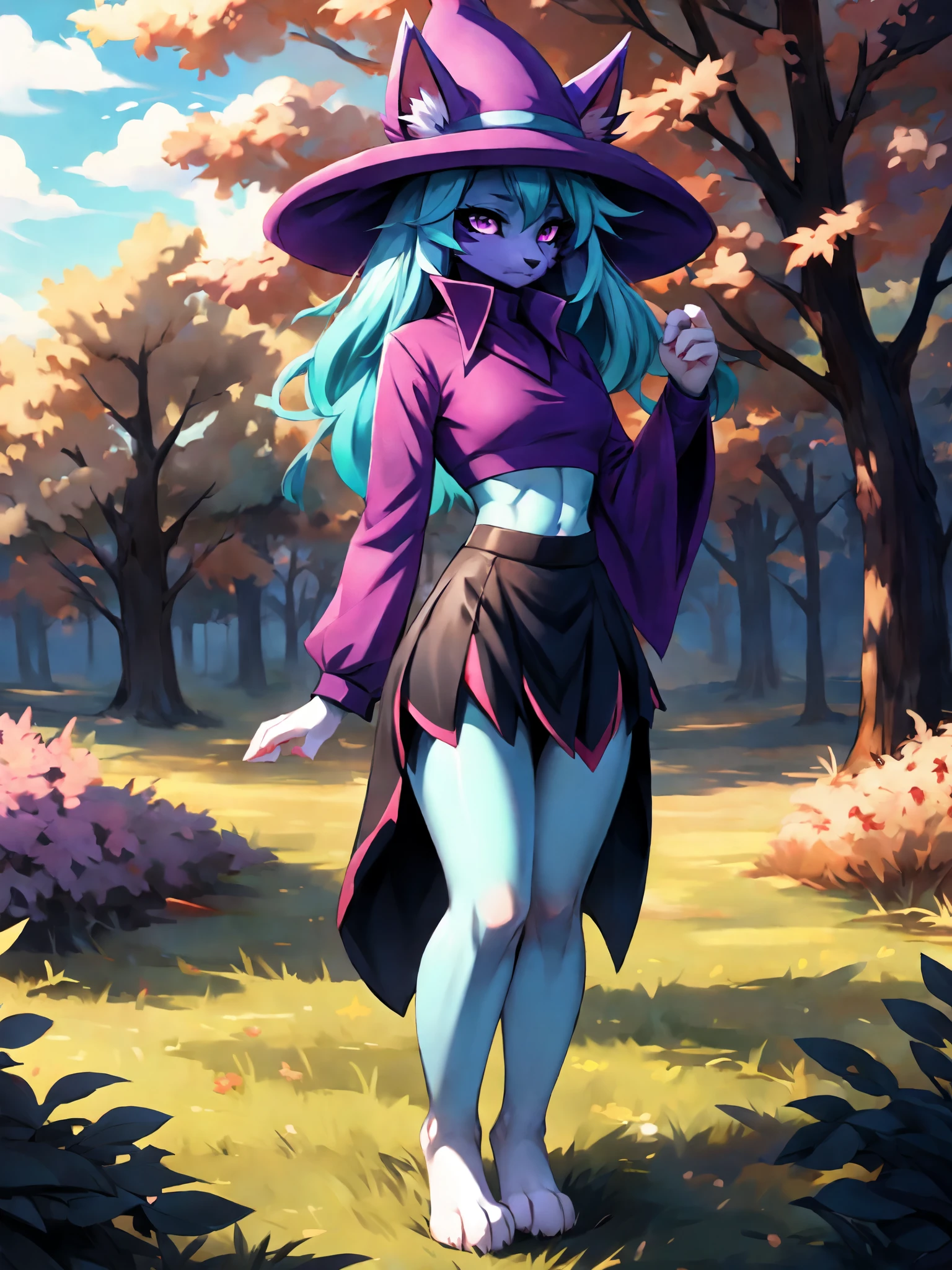 palkatress, anthro, solo, female, tall slender body, wearing purple wizards hat, spiked purple cat ears with white tips, purple eyes, purple collared crop top with long sleeves, black flowy skirt, bare legs, turquoise furry body, white feet paws, black cat nose, cute cat snout, turquoise hair, standing, grass valley, detailed background, high collar, jitome, expressionless, by fumiko, by hyattlen, by hioshiru, detailed, high resolution