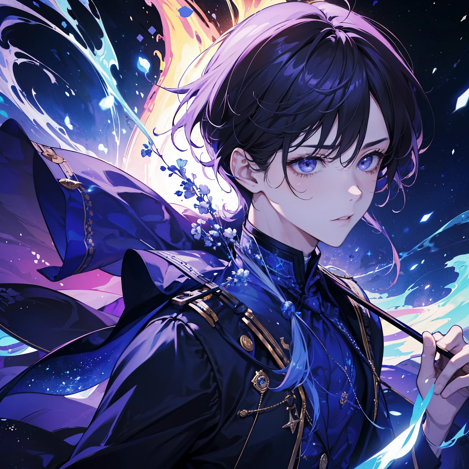 (absurdos, high resolution, ultra detallado)(obra maestra, Mejor calidad:1.2),1 hombre, con una gabardina con capucha,resplandor ocular, Ojos absolutamente impresionantes, holding purple fire in his hands, mirando hacia el espectador, Maximum power, Usar capucha sobre la cabeza, (Cara de galaxia),