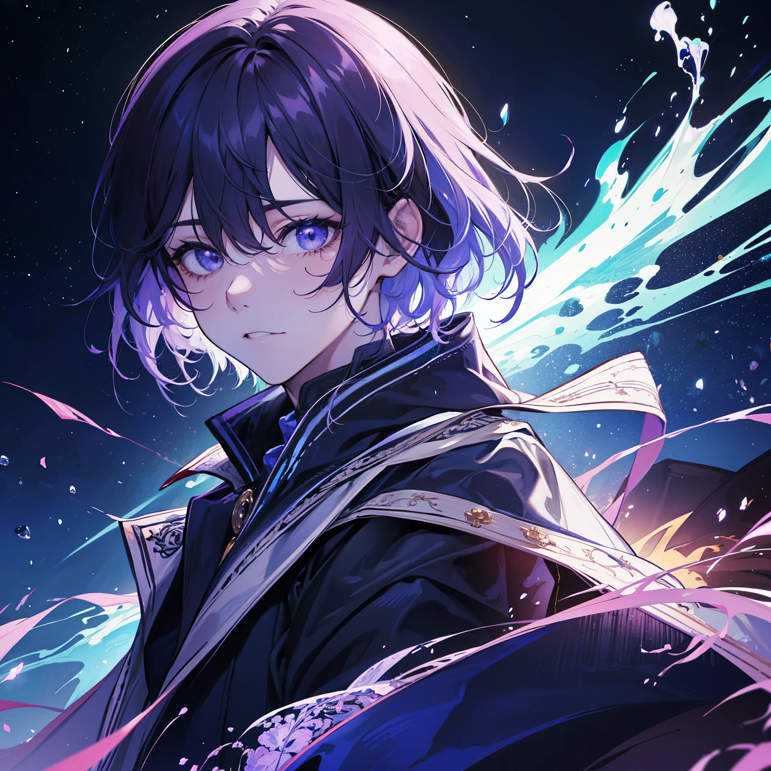 (absurdos, high resolution, ultra detallado)(obra maestra, Mejor calidad:1.2),1 hombre, con una gabardina con capucha,resplandor ocular, Ojos absolutamente impresionantes, holding purple fire in his hands, mirando hacia el espectador, Maximum power, Usar capucha sobre la cabeza, (Cara de galaxia),