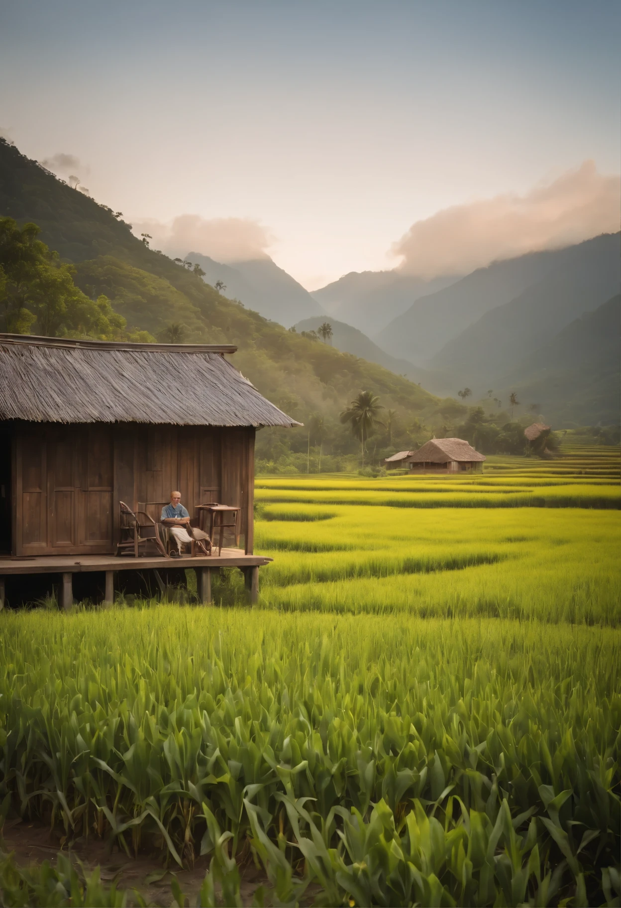 beautiful shack house in the middle of a rice field, on the terrace there is a middle-aged man using a blank and drinking coffee and smoking. The rice field is surrounded by towering mountains, realistic picture, cinematic with a clear sky, full detailed picture quality, HDR, 4K