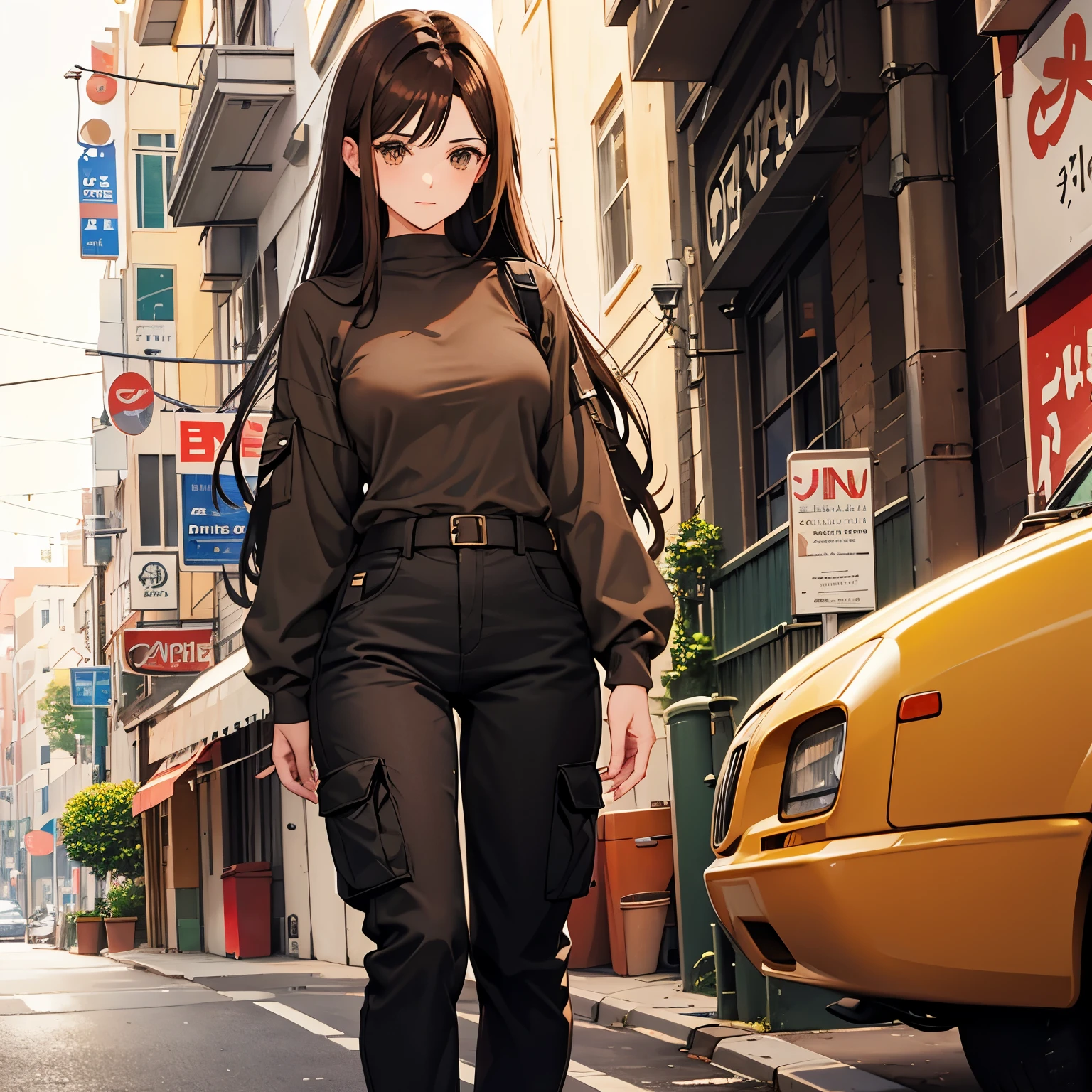 dark brown hair dark brown eyes very small breasts bag 27 years old long hair cargo pants