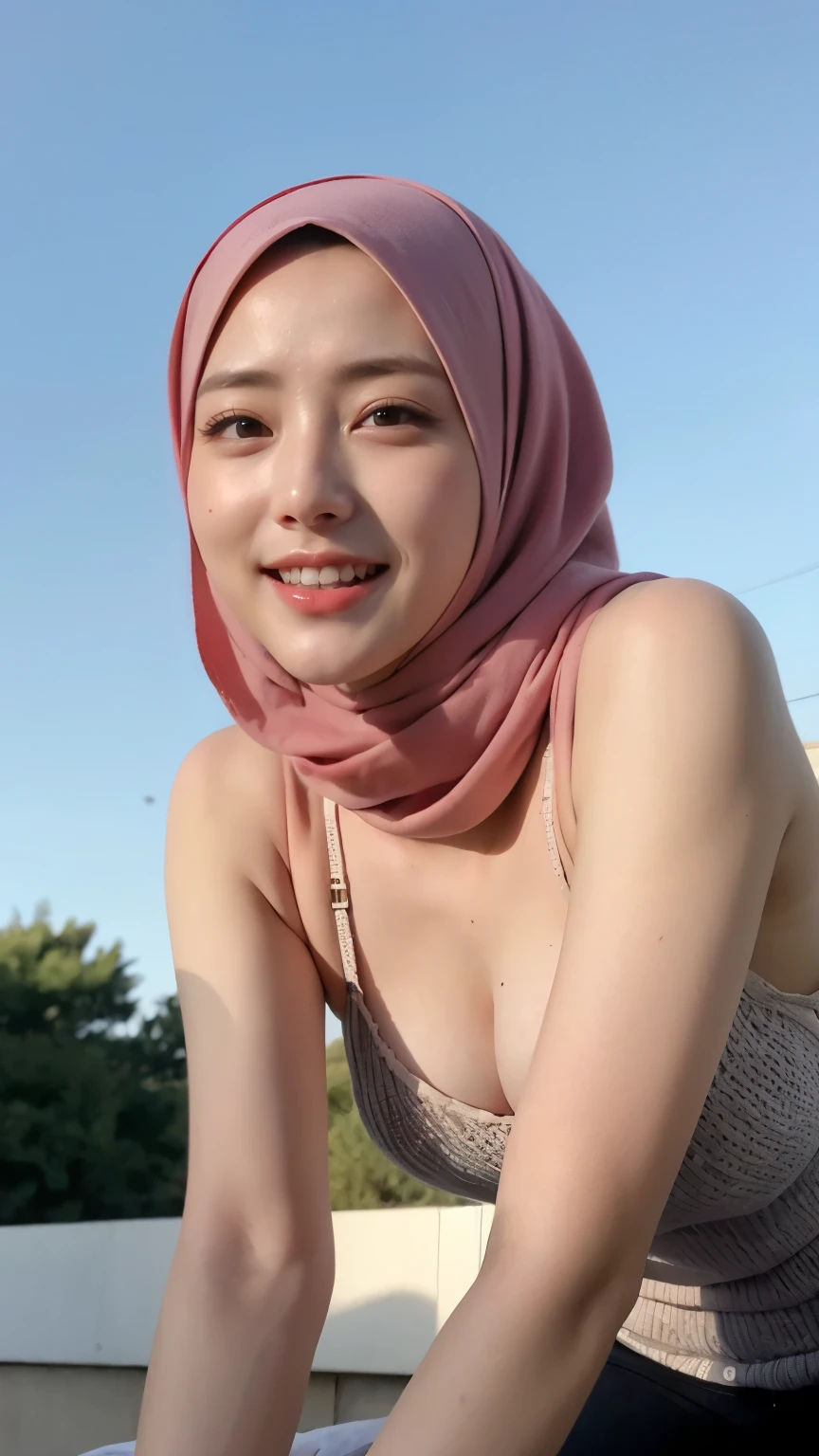 ((Best quality, 8k, Masterpiece :1.37)), (wear hijab girls), girls wear hijab, (girls wearing hijab moslem), beautiful face, face bukkake, 18 years old girls, hair black, ultra detailed face, ultra detailed body, slim body, body sexy, erotic body, lips smile, Beautiful detailed eyes, eyes korean, detailed nose, Natural Lip, ((Lips Smile)), face smile, Wear hijab moslem, fancy jubba thobbe, (photo full body), photo taken from below, view of the blue sky, Slim Body, body Sexy, erotic body, small breasts, realistic face, backround people hijab