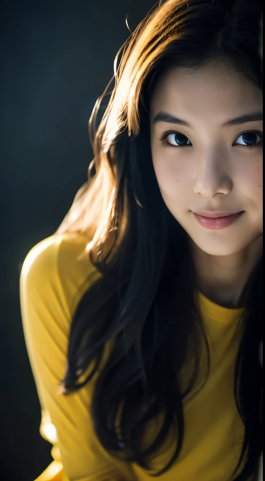 highest quality, epic realistic, ((in the pitch black darkness :1.4)), ((portrait:1.5)),(background: dark ) high contrast ,glorious picture, lowest lux, lighting face, she's comfortable, wearing nothing, looks incredible, (8k, Raw photo, Highest quality),(epic realistic:1.5), a woman, face,(detailed eyes:0.8),(looking at the camera:1.4), (Highest quality), ( high contrast, deep shadows),Intricate details,cinematic,((skin:1.4)), (long dark hair:1.3), long hair, messy ,(Hdr:1.5),Detailed, colors, Superior quality, Masterpiece, Raw Photo (20-year-old, looking at viewer), beautiful, (wearing plain yellow shirt,), perfect, natural, perfect composition, portrait, perfect face, smiling expression, Captivating eyes, Bright details, Tight lips, (High Skin Detail),, (blue tint: 0.6), (sale: 0.8), (bloody: 0.7), Key lighting , (backlight: 0.5), Medium depth of field, Canon 5d, 50mm lens, f/4 apertures, (Ultra-detailed, Complex detail), sharp focus, soft colors, 8k, Absurd, 80mm, dark background, photography, smiling,medium ,