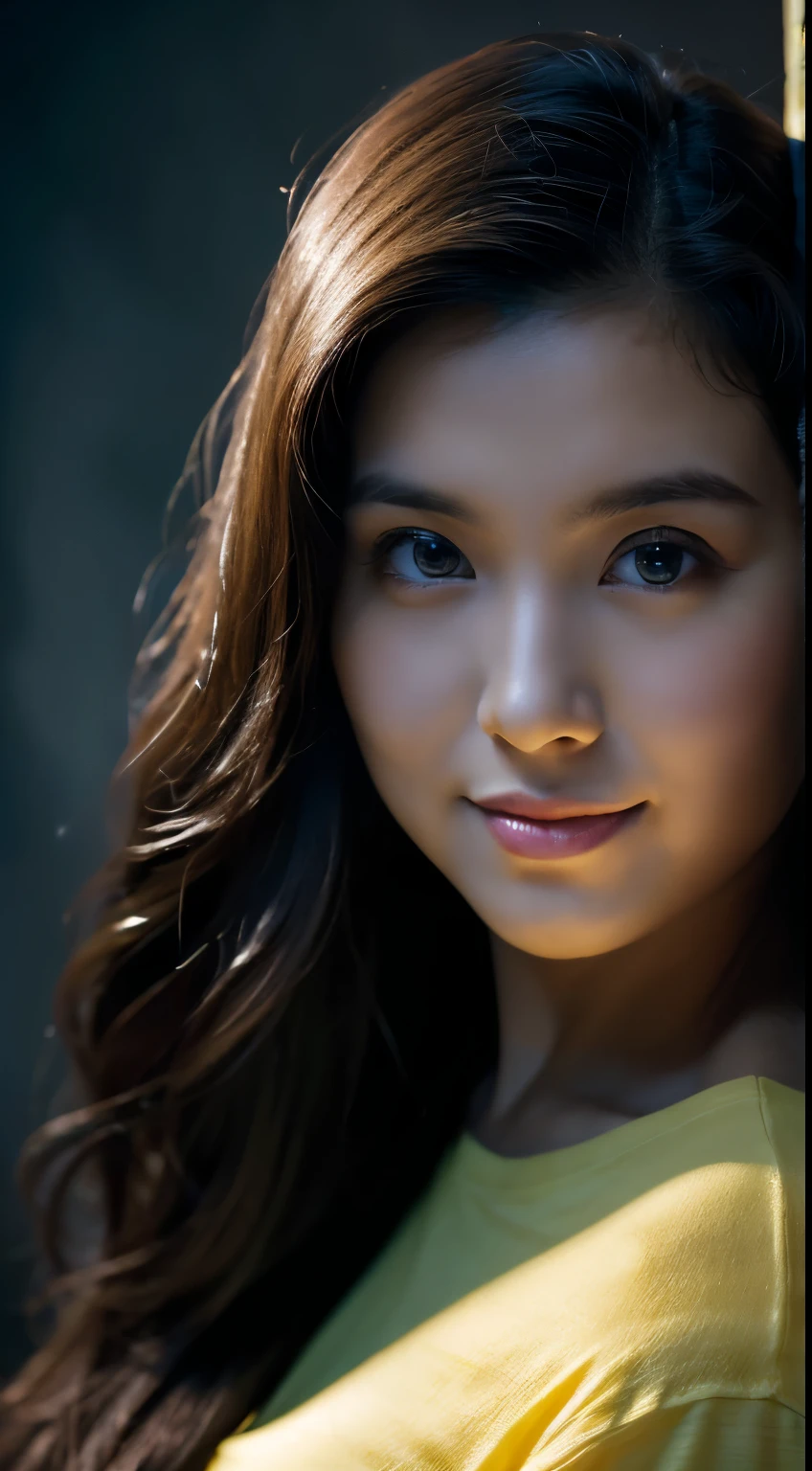 highest quality, epic realistic, ((in the pitch black darkness :1.4)), ((portrait:1.5)),(background: dark ) high contrast ,glorious picture, lowest lux, lighting face, she's comfortable, wearing nothing, looks incredible, (8k, Raw photo, Highest quality),(epic realistic:1.5), a woman, face,(detailed eyes:0.8),(looking at the camera:1.4), (Highest quality), ( high contrast, deep shadows),Intricate details,cinematic,((skin:1.4)), (long dark hair:1.3), long hair, messy ,(Hdr:1.5),Detailed, colors, Superior quality, Masterpiece, Raw Photo (20-year-old, looking at viewer), beautiful, (wearing plain yellow shirt,), perfect, natural, perfect composition, portrait, perfect face, smiling expression, Captivating eyes, Bright details, Tight lips, (High Skin Detail),, (blue tint: 0.6), (sale: 0.8), (bloody: 0.7), Key lighting , (backlight: 0.5), Medium depth of field, Canon 5d, 50mm lens, f/4 apertures, (Ultra-detailed, Complex detail), sharp focus, soft colors, 8k, Absurd, 80mm, dark background, photography, smiling,medium ,