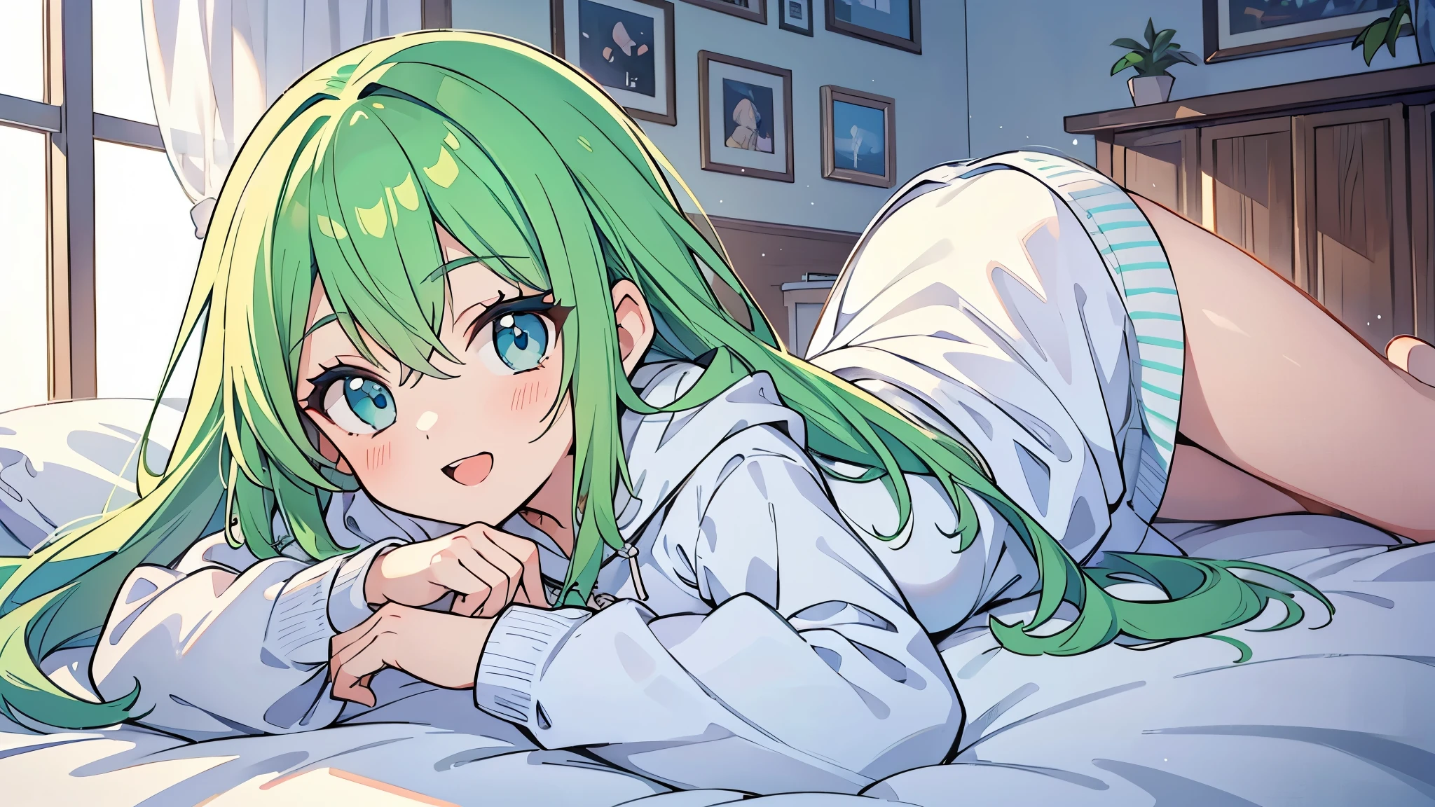 ((A Pretty girl with green hair and blue eyes lying on the bed)), ((wearing white hoodie)), , ((master piece, top-quality, ultra-definition, high resolution)), anime girl, ((ultra-detailed illust:1.2)), only one person, bangs, hair between eye, beautiful hair, Beautiful eyes, Medium breasts, thighs, Big smile, opened mouth, in the bedroom, morning