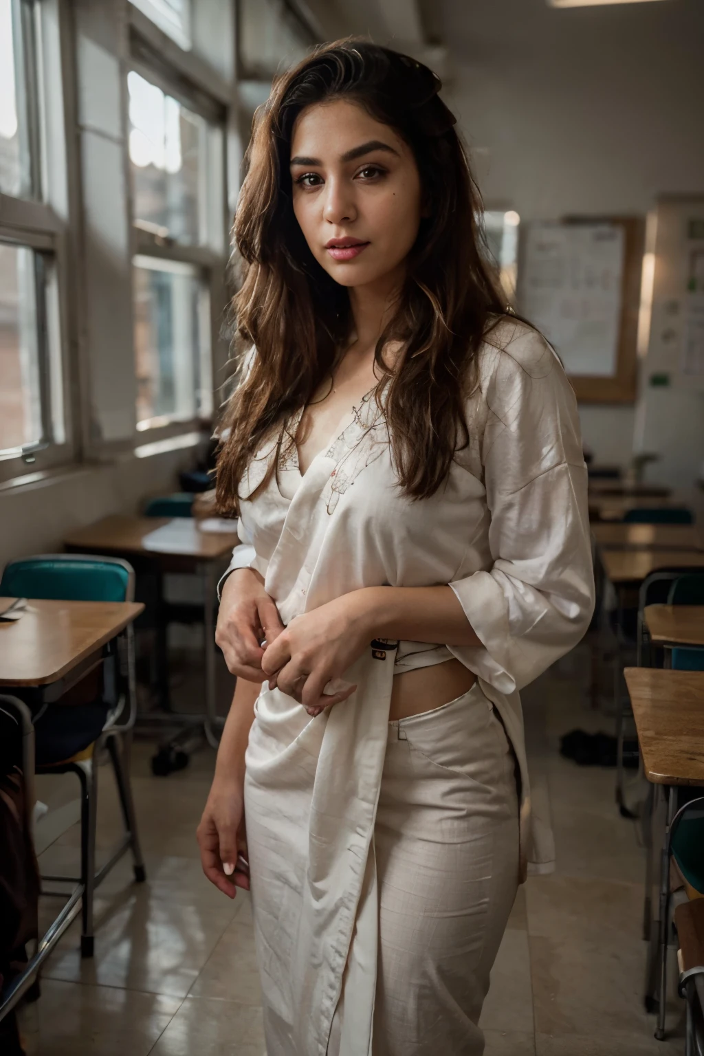 ultra-realistic photographs,arab school teacher,mid 30s,full body,beautiful detailed eyes,detailed lips,longeyelashes,long blonde afro hair, naturally full eyebrows,perfectly formed nose,expressive face,attractive appearance,saree, heavily embroidered,candid photo, golden hour classroom, serene atmosphere, bathroom,soft and natural lighting,vivid colors,photorealistic,HDR,highres,studio lighting,ultra-detailed,bokeh,pout, gagged