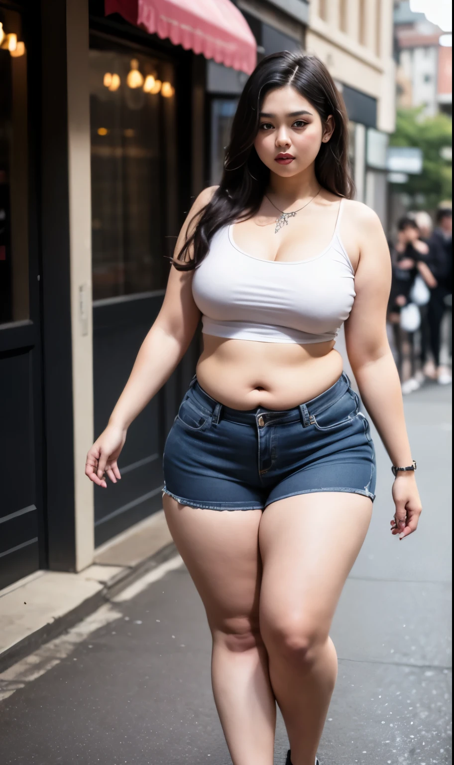 ((best quality)), ((masterpiece)), (detailed), perfect face, araffe woman in a dark-blue shirt and blue denim skirt walking down a street, thicc, she has a jiggly fat round belly, bbwchan, wearing tight simple clothes, skinny waist and thick hips, widest hips, her belly is fat and round, soft curvy shape, hyperrealistic full figure, wearing a cute top, wide hips, cropped shoulders，Bare belly,(big assa:0.7),show legs,, thicc, beautiful thick female, beautiful curvy female,, Tall and tall，clear curvy details, curvy hourglass figure, alluring plus sized model, bbwchan, Voluptious body, Curvy model, Curvy body, Be red in the face, 1girll, a matural female, A MILF, the golden ratio,(Kpop idol),(Oil skin:1.2),(Oil skin:1.1), iremuzi tattoos on thighs, big tattoo on thighs