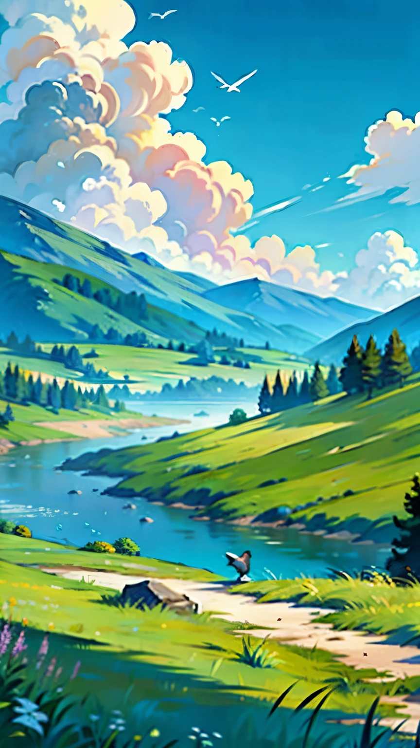A painting of a summertime landscape, a wide open grassy hill, cloud, birds, daytime light.