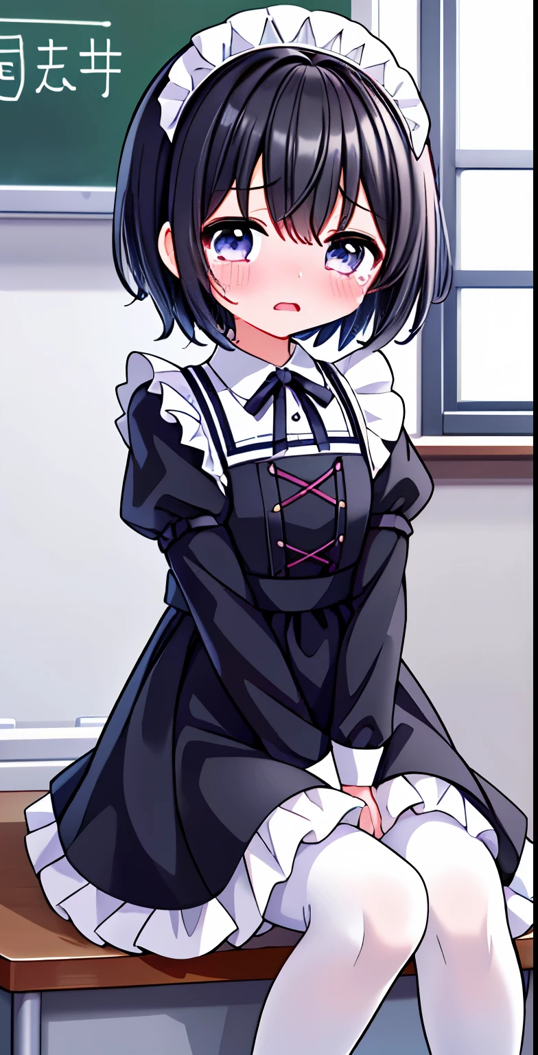 maid outfit，Black lace-up boots，white pantyhose，blush害羞，classroom scene，girl，short black hair，((absurd)), ((on the table)), (best quality), (lens flare), (Super detailed), (beautiful), ((cute girl)), alone, beautiful face, White skin, on the table, (10 years old: 1.3), , 、A girl goes to the toilet、 permanent, is crying, Close her eyes, tears flow from eyes, Embarrassment comes from, blush), (The girl is peeing: 1.2),, look away, sitting, Awkward, blush, The mouth opens slightly, classroom (Girl leaking urine): 0.4)