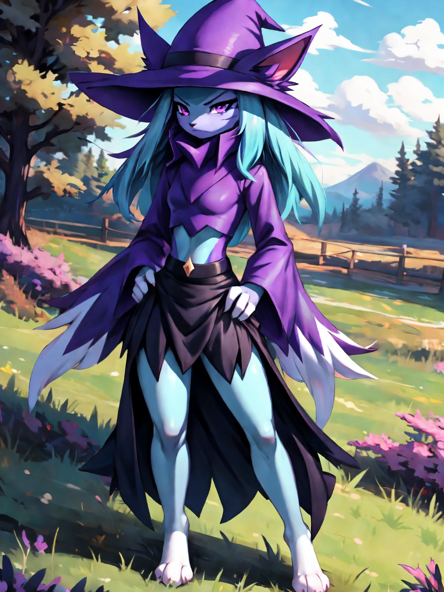 palkatress, anthro, solo, female, tall slender body, wearing purple wizards hat, spiked purple cat ears with white tips, purple eyes, purple collared crop top with long sleeves, black flowy skirt, bare legs, turquoise furry body, white feet paws, black cat nose, cute cat snout, turquoise hair, standing, grass valley, detailed background, high collar, jitome, expressionless, frowning, by fumiko, by hyattlen, by hioshiru, detailed, high resolution