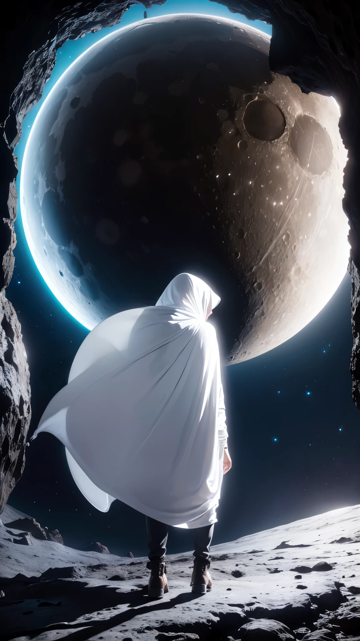 white hijab girl leaving a very dark cave faced gigantic size moon