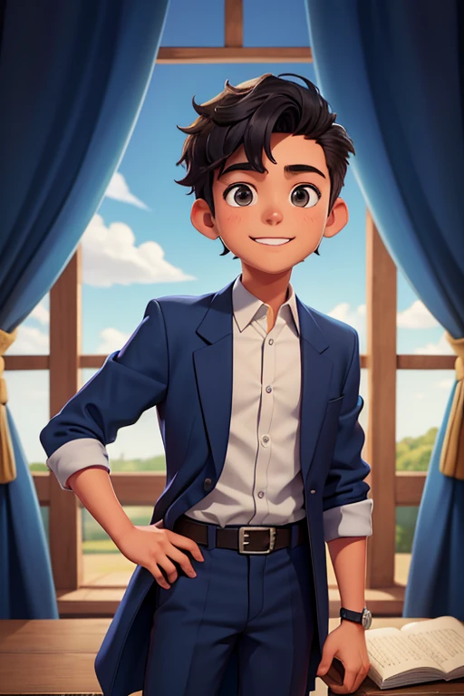 Handsome 15 year old boy, (adolescente adulto), Solo, sonrisa alegre, mirando al espectador, dark blue Disney prince suit, fondo limpio azul, parte superior del cuerpo, (pelo negro liso), borroso, (cabello corto), ojos marron oscuro, en un castillo medieval, cielo azulado
