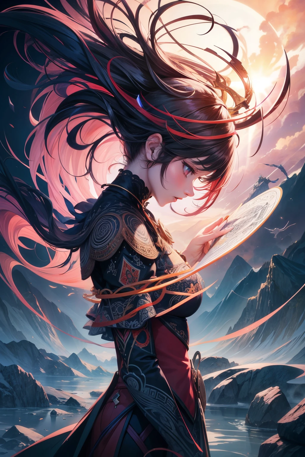 Los 5 colores、（rojizo、violeta、rose there、amarillo、verde）、mountain ranges、The Dragon、Futuro cercano、ciber、mar de nubes、the morning sun、falto、grandioso、(1mujer:1.2),Columpio gigante、Fly over the mountains,)devastado,Arma brillante,dynamic angle, arte salpicado, [(Libro de arte: Libro de arte: Libro de arte. Libro de arte.:0.8)|arte de Lyubov Popova], renderizado de octanaje, Arte oficial, Arte oficial de Unity 8K, Fondo de pantalla de unidad 8k, Ultra detallado, hermoso y estetico, (zentangle, mandalas, enredo, enredar), extremadamente detallado, dynamic angle, tiro de vaquero, most beautiful form chaos, elegante, A brutalist designed, color vivo, romanticismo, por james jean, roby dwi antono, por Ross Tran, Francis Bacon, michael mraz, Adrian Ghenny, petra corright, Gerhard Richter, yamamoto takato, madera ashley, Atmospheric, musical notes ecstasy, transmission of visible musical notes,Caballero Sol,