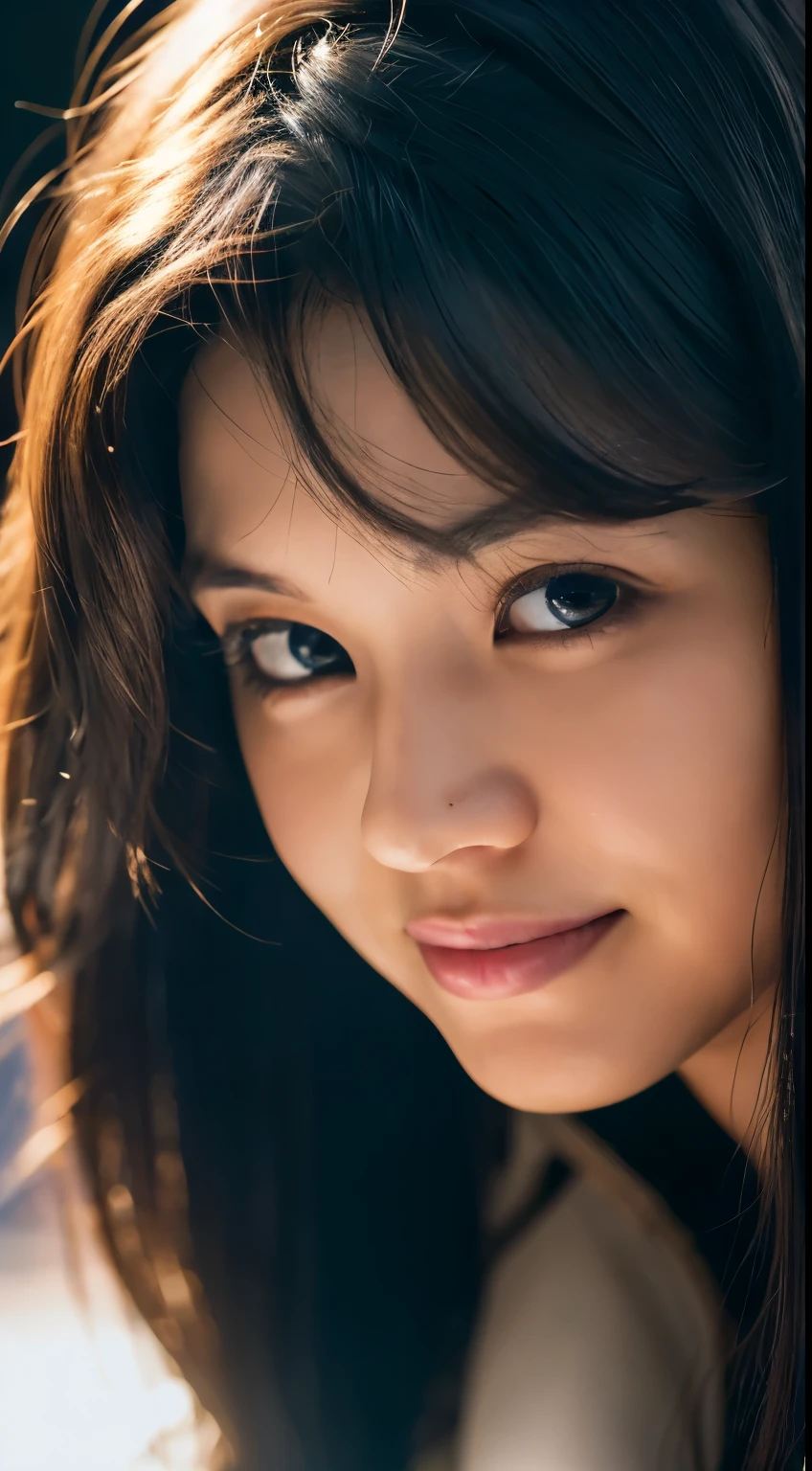 highest quality, epic realistic, ((in the pitch black darkness :1.4)), ((portrait:1.5)),(background: dark ) high contrast ,glorious picture, lowest lux, lighting face, she's comfortable, wearing nothing, looks incredible, (8k, Raw photo, Highest quality),(epic realistic:1.5), a woman, face,(detailed eyes:0.8),(looking at the camera:1.4), (Highest quality), ( high contrast, deep shadows),Intricate details,cinematic,((skin:1.4)), (long dark hair:1.3), long hair, messy ,(Hdr:1.5),Detailed, colors, Superior quality, Masterpiece, Raw Photo (20-year-old, looking at viewer), beautiful, (wearing plain yellow shirt,), perfect, natural, perfect composition, portrait, perfect face, smiling expression, Captivating eyes, Bright details, Tight lips, (High Skin Detail),, (blue tint: 0.6), (sale: 0.8), (bloody: 0.7), Key lighting , (backlight: 0.5), Medium depth of field, Canon 5d, 50mm lens, f/4 apertures, (Ultra-detailed, Complex detail), sharp focus, soft colors, 8k, Absurd, 80mm, dark background, photography, smiling,medium ,