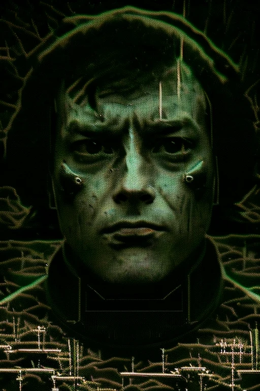 Dark-skinned man, dark hair, coat, Strong gaze, green eyes, Part of the face and neck are mechanical, cyborg, Operating a smartphone, cyber punk, retro future, monochrome vintage photography, daguerreo photography, ((Grainy photo:2.2)), (古い写真のため酷いノイズやimpurityがある), ((破損したGrainy photo:2.2)), (Cassoulet_fade_impurity), ((faded photos:1.4)), ((Tattered photo with creases:1.4)), Wild West photos, cowboy shot, Depth of bounds written, masterpiece