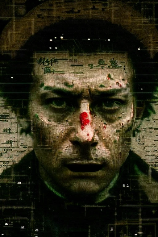 Dark-skinned man, dark hair, coat, Strong gaze, green eyes, Part of the face and neck are mechanical, cyborg, Operating a smartphone, cyber punk, retro future, monochrome vintage photography, daguerreo photography, ((Grainy photo:2.2)), (古い写真のため酷いノイズやimpurityがある), ((破損したGrainy photo:2.2)), (Cassoulet_fade_impurity), ((faded photos:1.4)), ((Tattered photo with creases:1.4)), Wild West photos, cowboy shot, Depth of bounds written, masterpiece
