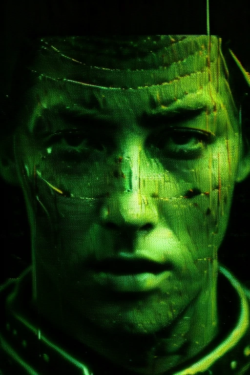 Dark-skinned man, dark hair, coat, Strong gaze, green eyes, Part of the face and neck are mechanical, cyborg, Operating a smartphone, cyber punk, retro future, monochrome vintage photography, daguerreo photography, ((Grainy photo:2.2)), (古い写真のため酷いノイズやimpurityがある), ((破損したGrainy photo:2.2)), (Cassoulet_fade_impurity), ((faded photos:1.4)), ((Tattered photo with creases:1.4)), Wild West photos, cowboy shot, Depth of bounds written, masterpiece